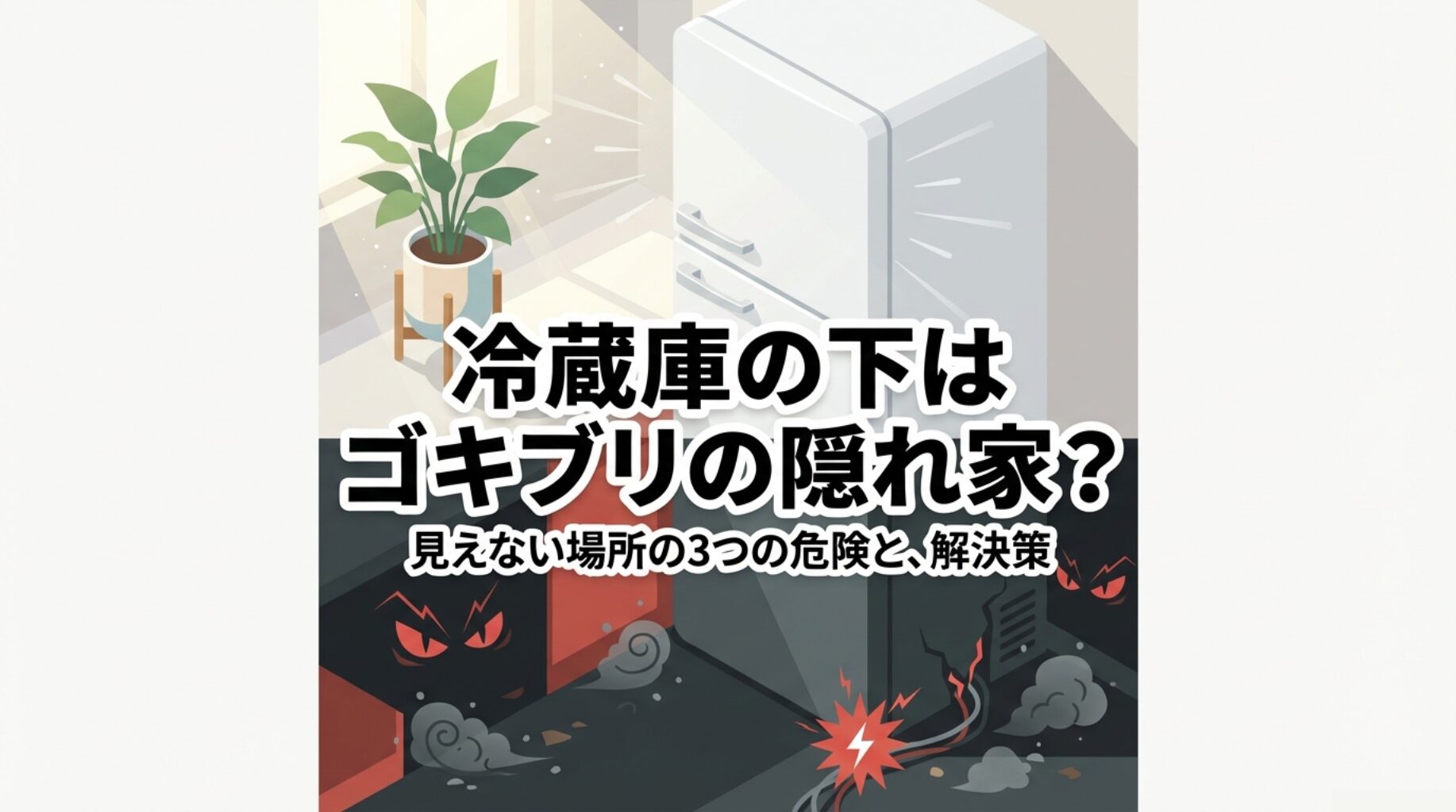 冷蔵庫の下はゴキブリの隠れ家？見えない場所の3つの危険と解決策を表紙にしたスライド資料