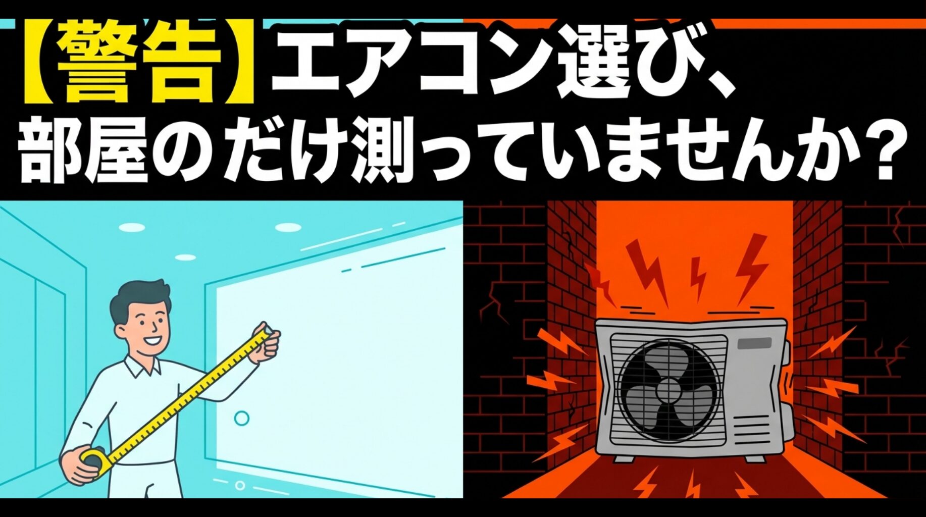 【警告】エアコン選び、部屋のだけ測っていませんか？と書かれた注意喚起のスライド画像