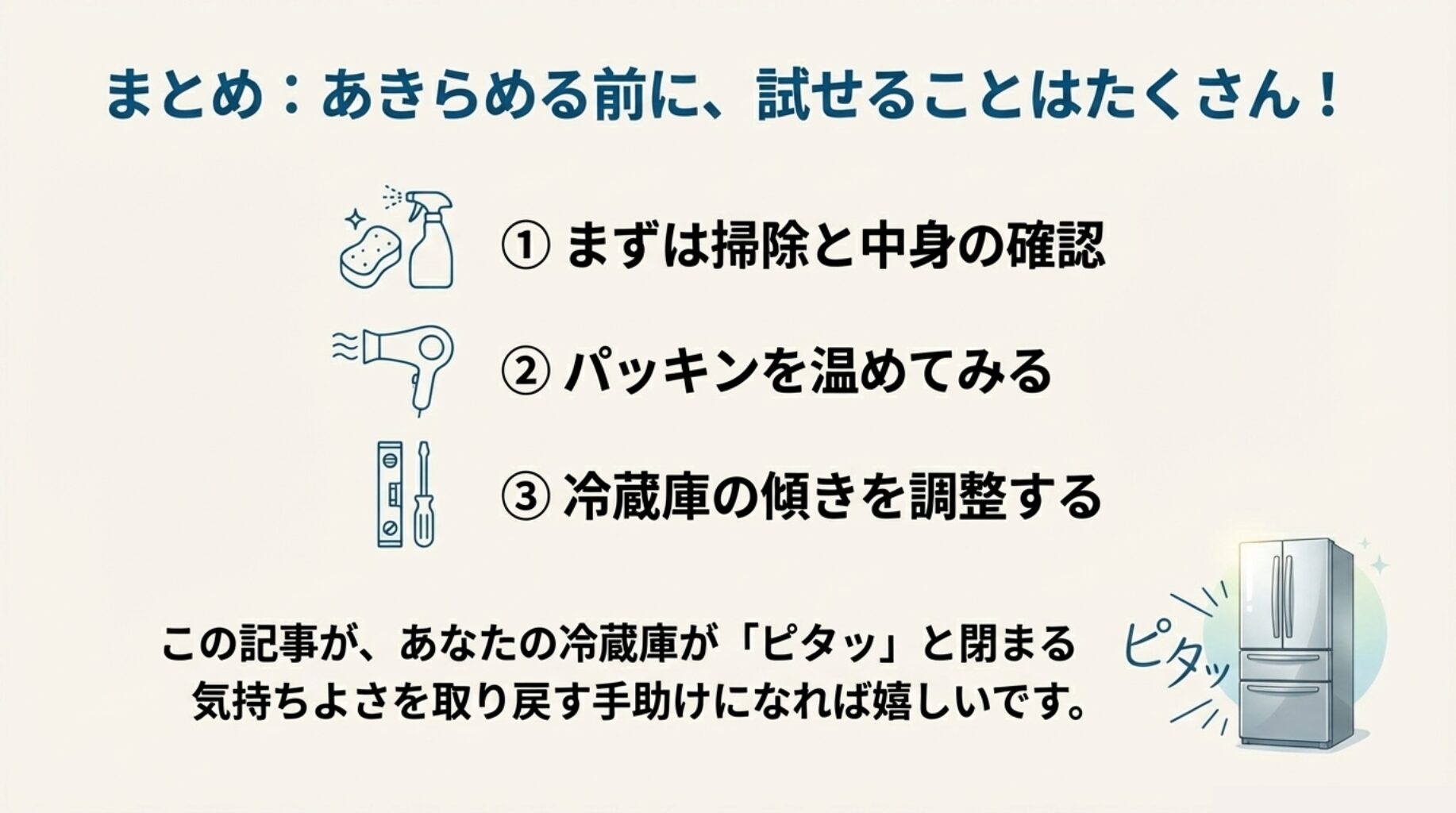 1.掃除と確認、2.ドライヤーで温める、3.傾き調整という、解決のための3ステップをアイコンで示したまとめ画像