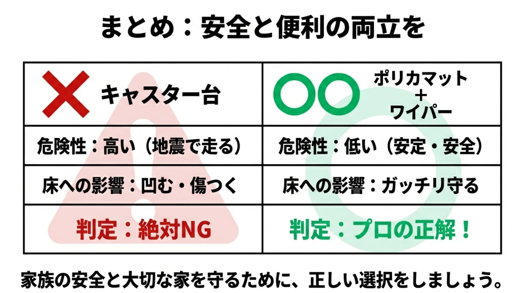 キャスター台の使用（危険性高い・絶対NG）と、ポリカマット＋ワイパーの使用（危険性低い・プロの正解）を比較し、安全な選択を促すまとめのスライド。