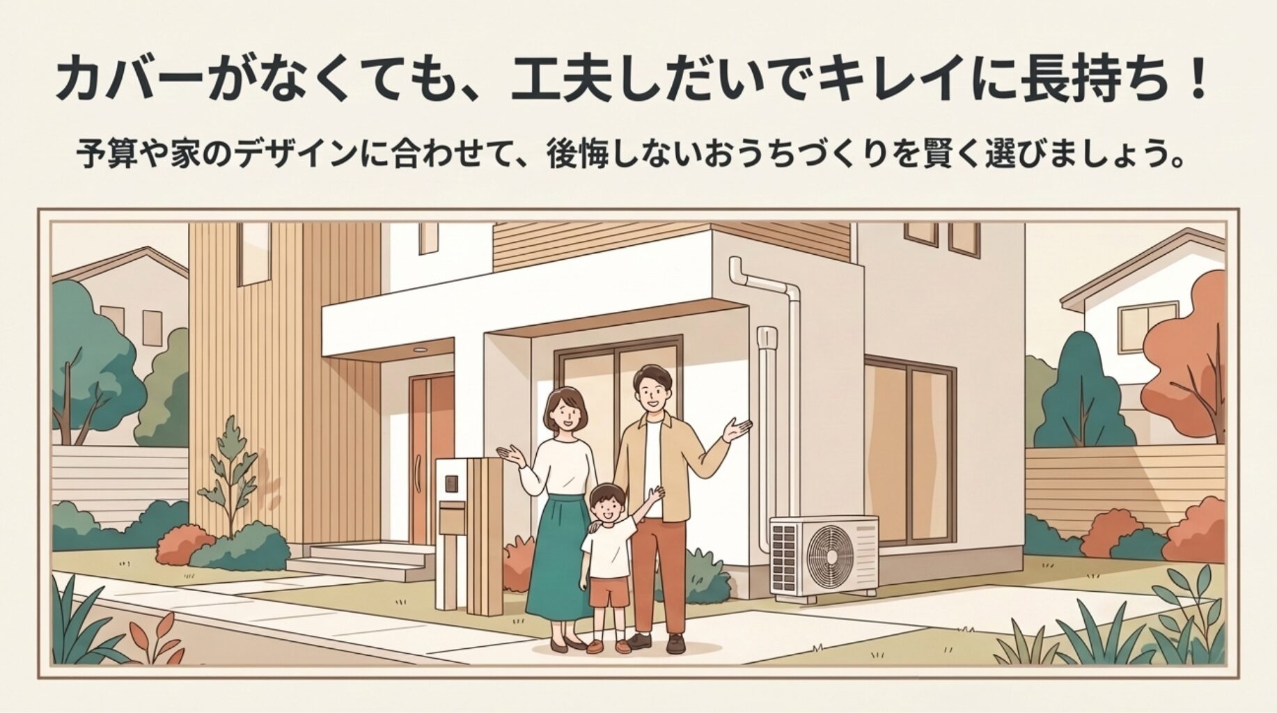 綺麗に設置された室外機とエアコン配管のある家の前で、笑顔で立つ家族(両親と子ども)のイラスト。「予算や家のデザインに合わせて後悔しない選択を」というメッセージが込められている。