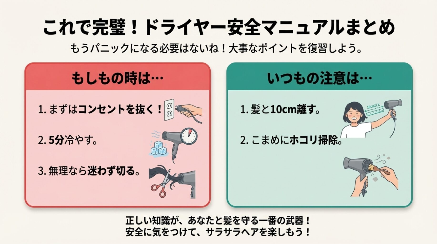 緊急時はコンセントを抜く・冷やす・切る、予防時は10cm離す・掃除するといった、記事全体の重要ポイントをまとめたイラスト。