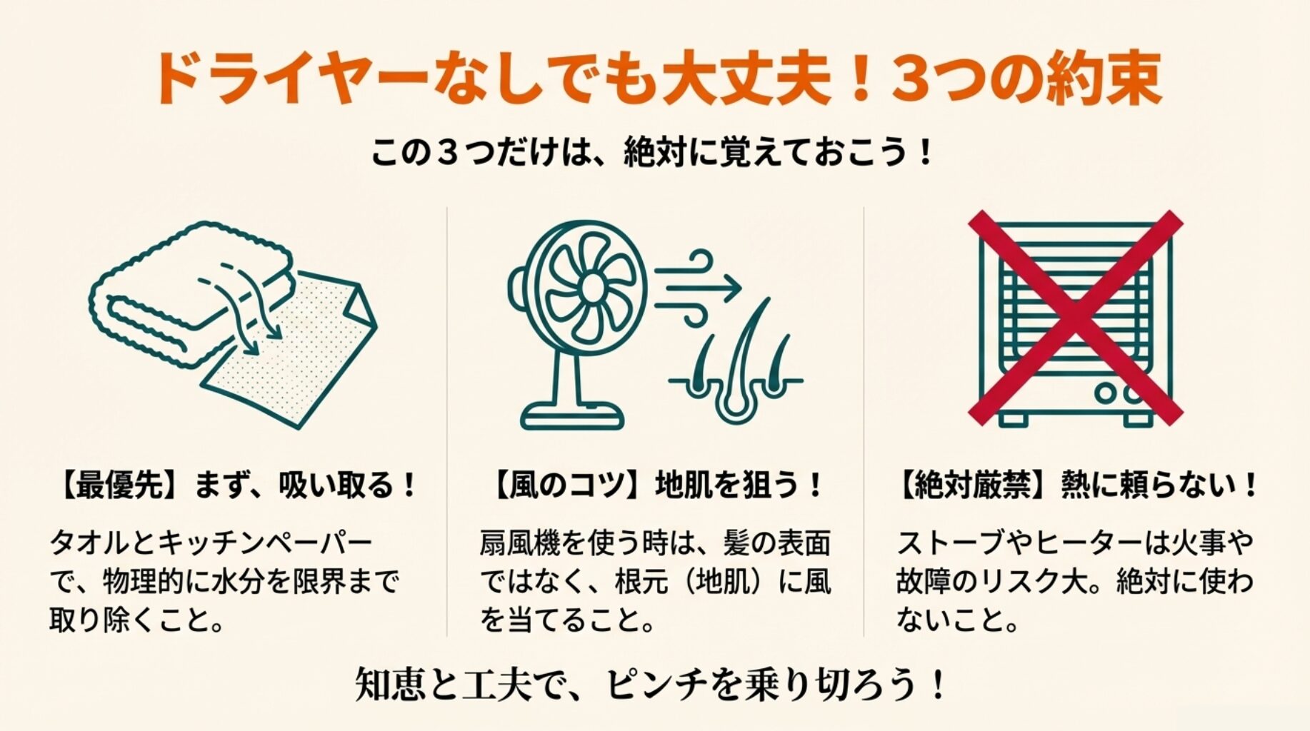 水分を吸い取る、地肌を狙う、熱に頼らないという3つの重要ポイントをまとめたリスト。