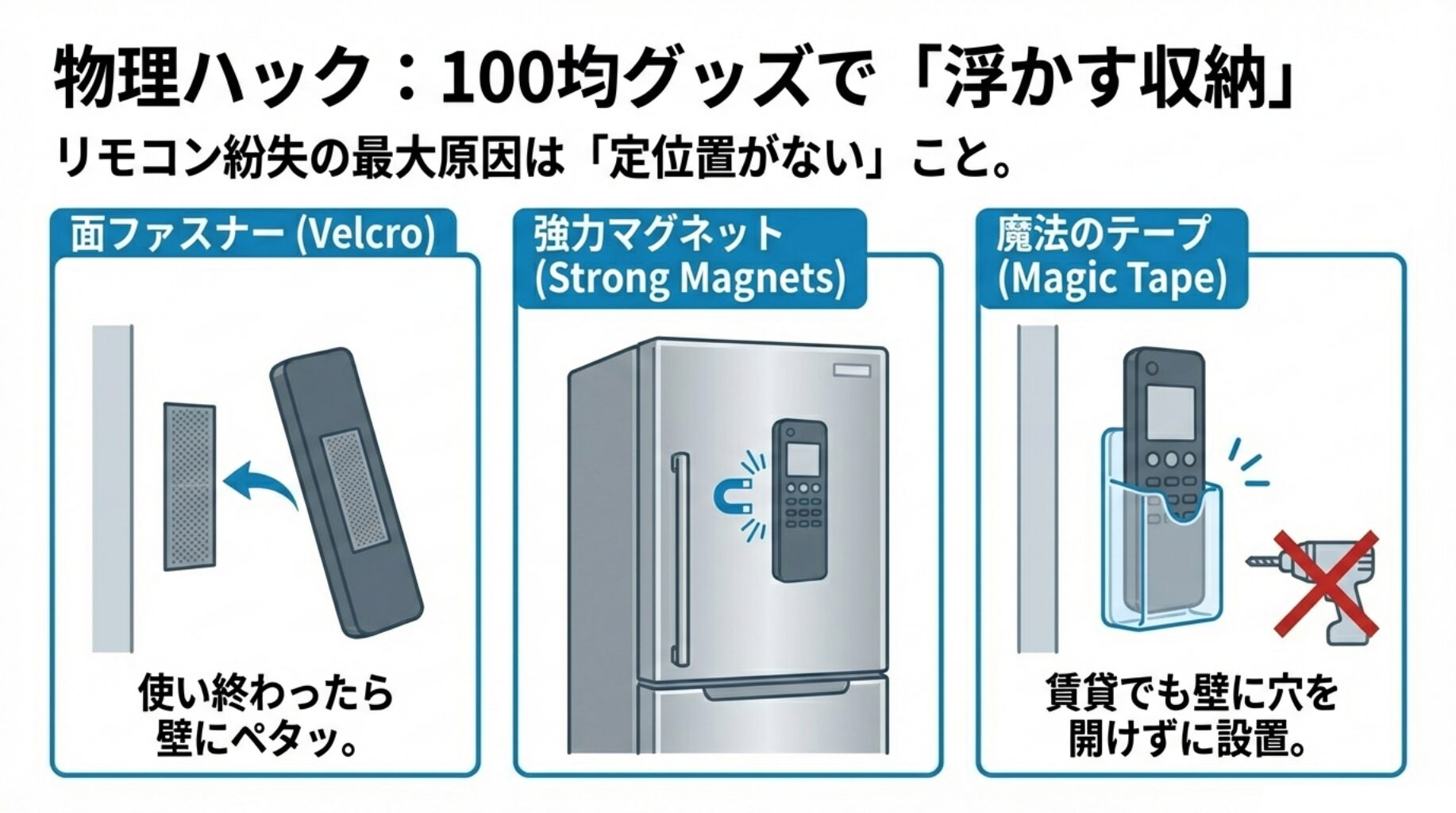 面ファスナーやマグネットを使って壁や冷蔵庫にリモコンを固定する方法