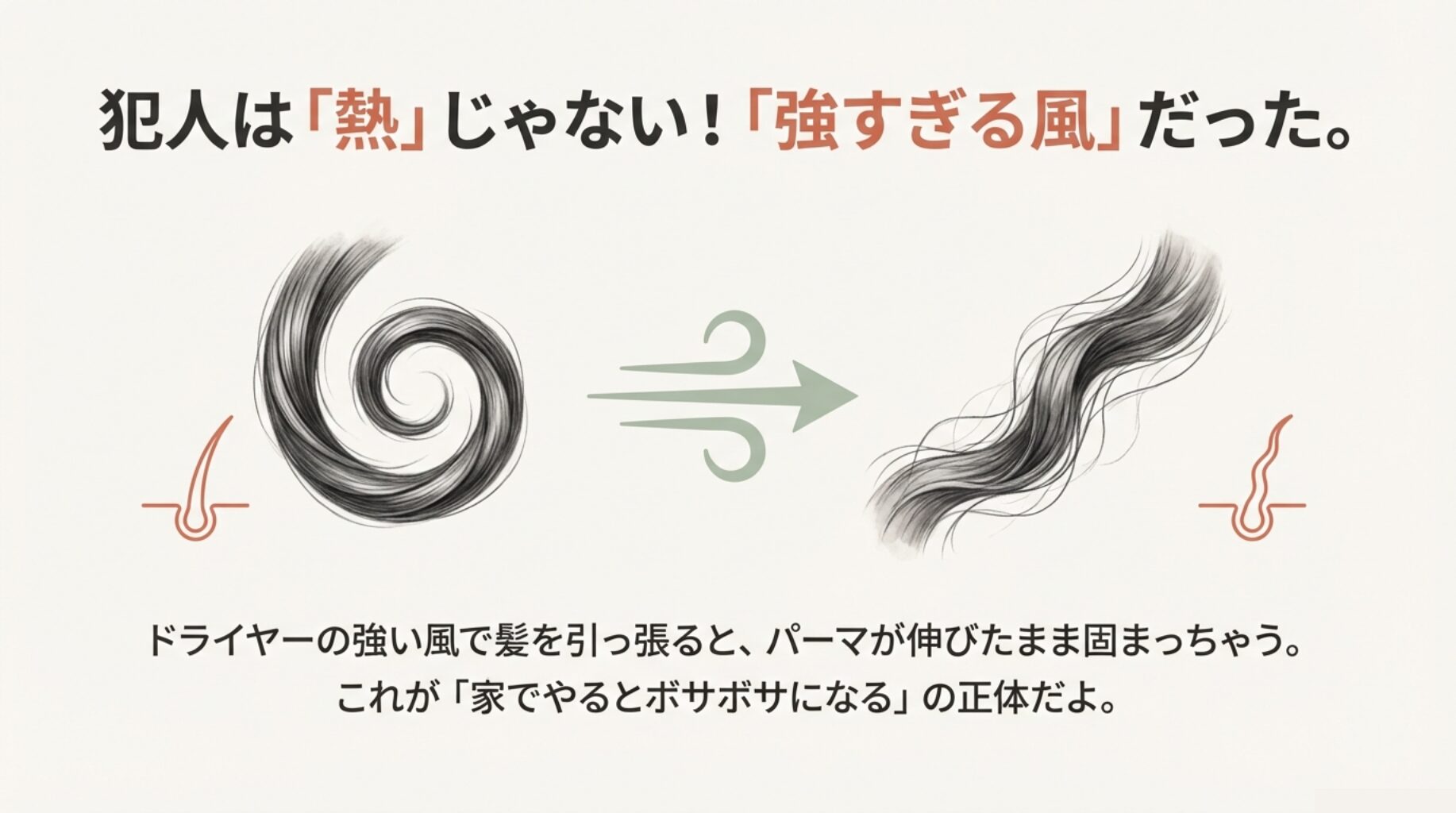 ドライヤーの強い風で髪が引っ張られ、パーマが伸びたまま固まってしまう仕組みを図解したイラスト。