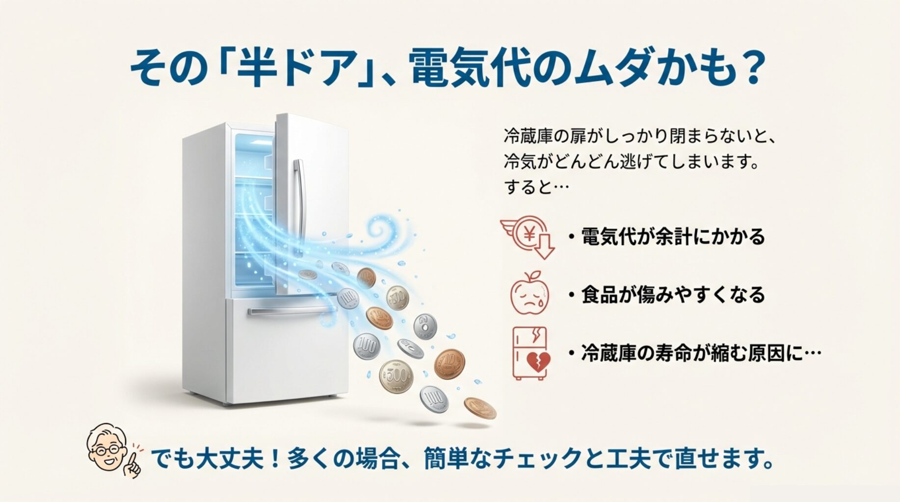冷蔵庫の扉が閉まらないと電気代の増加、食品の傷み、寿命の低下につながることを示すイラスト