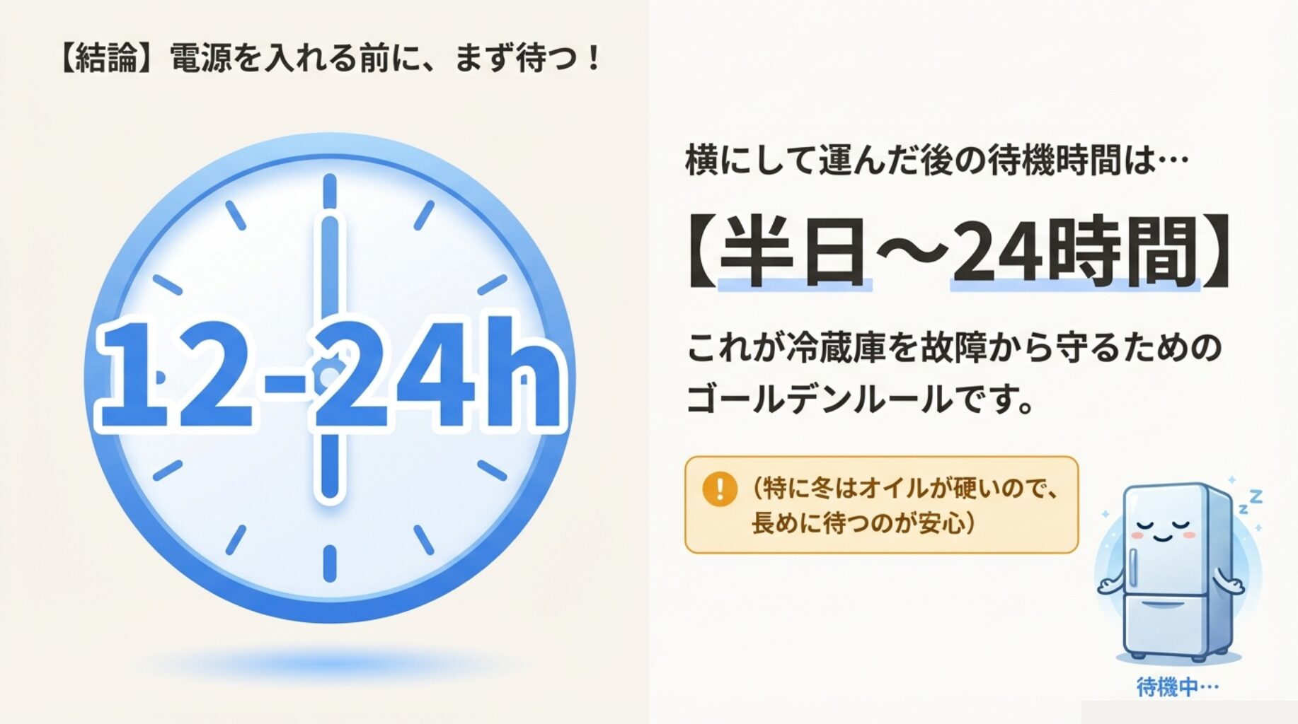 時計の文字盤に「12-24h」と表示され、冷蔵庫が目を閉じて休んでいるイラスト。故障させないためのゴールデンルールとして紹介されている。