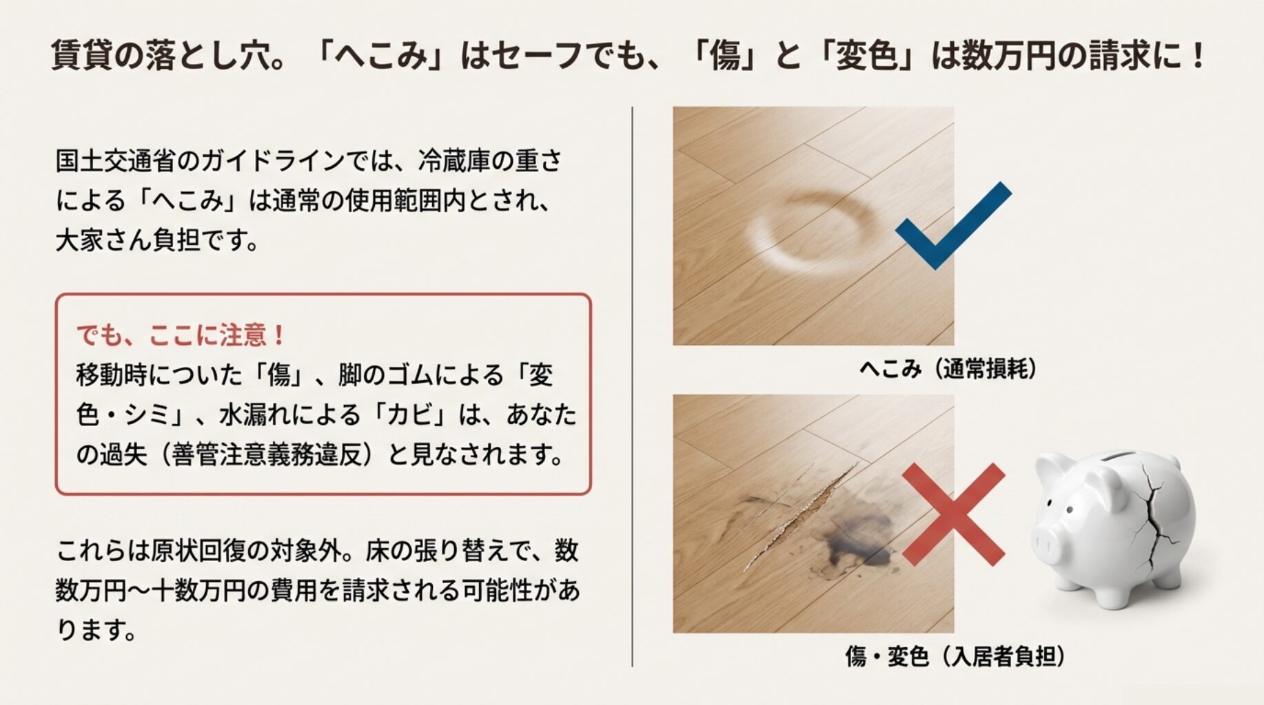 国土交通省のガイドラインに基づき、冷蔵庫による床のへこみは貸主負担だが、傷や変色、カビは入居者負担になることを解説した図。