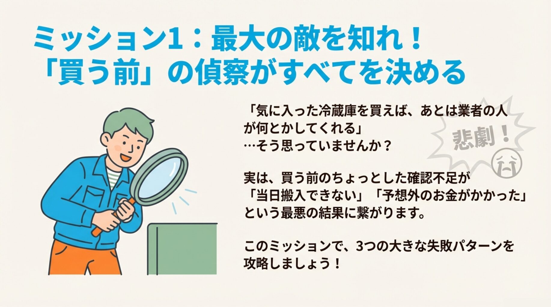虫眼鏡を持って冷蔵庫を詳しくチェックしている男性のイラスト。「ミッション1：最大の敵を知れ！買う前の偵察がすべてを決める」という文字。