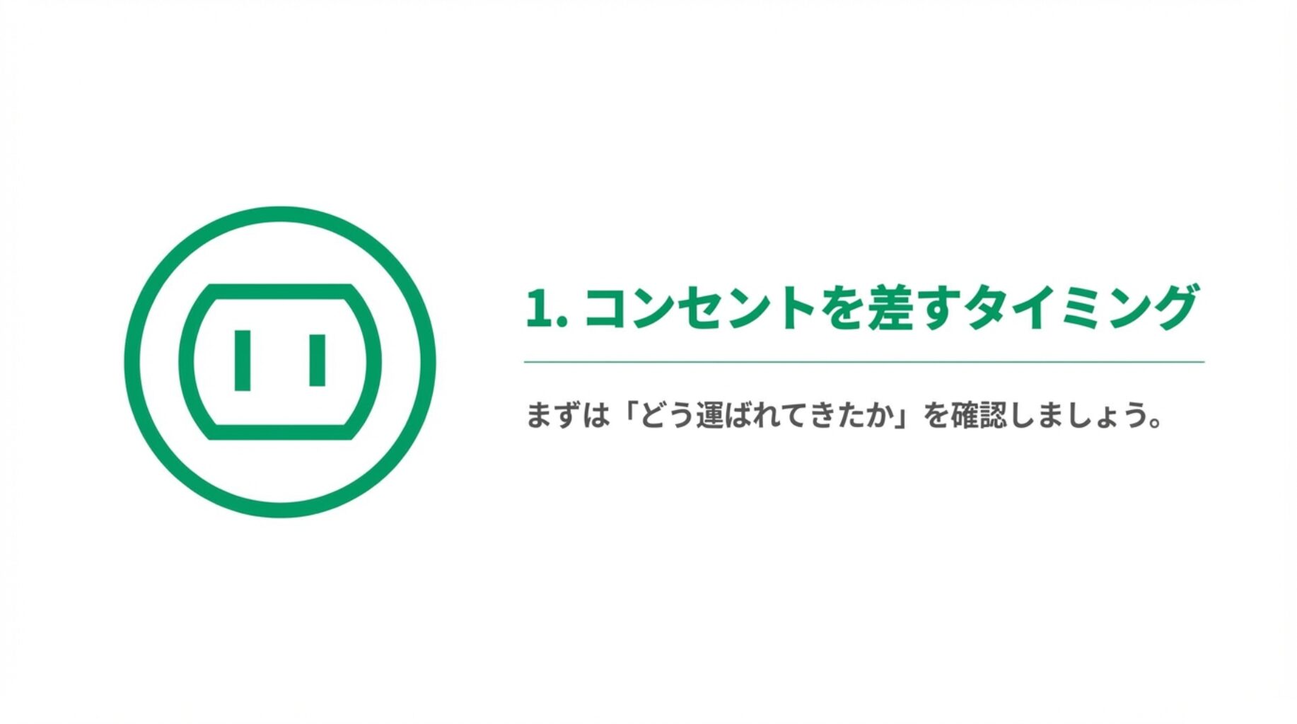 コンセントを差すタイミングは、まず冷蔵庫がどのように運ばれてきたかを確認することから始まるという章タイトル画像。