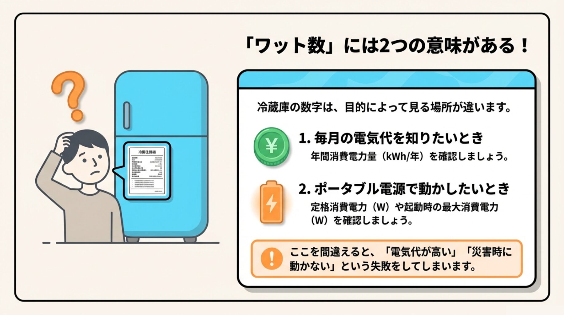 疑問を持つ男性のイラスト。「ワット数」には2つの意味がある！1.毎月の電気代を知りたいときは年間消費電力量(kWh)を見る。2.ポータブル電源で動かしたいときは定格消費電力(W)を見る。ここを間違えると失敗するという警告。