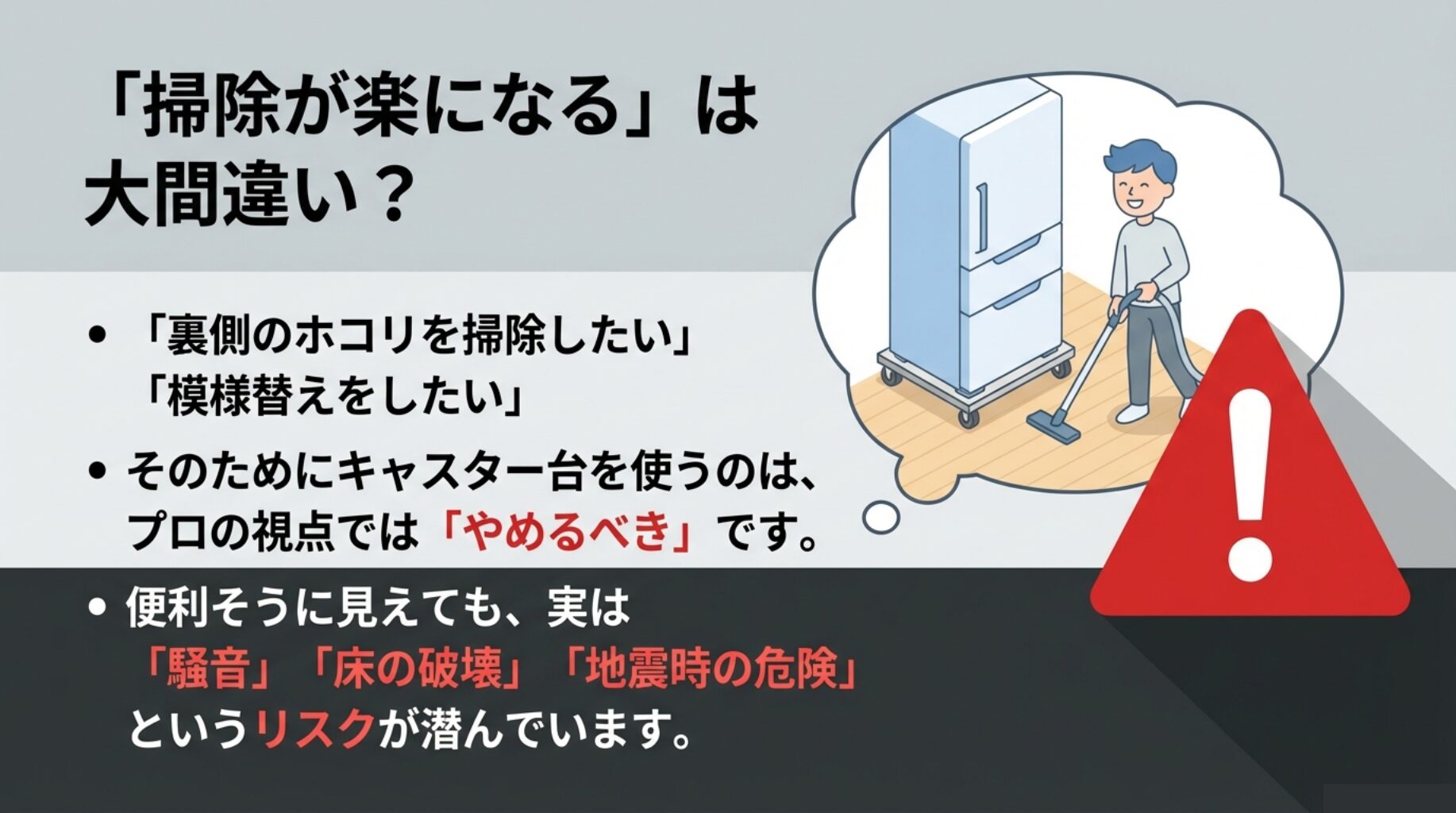 「掃除が楽になる」は大間違い？という問いかけと共に、裏側のホコリ掃除や模様替え目的での使用が、実は騒音や床の破壊、地震時の危険などのリスクを招くことを説明したスライド。