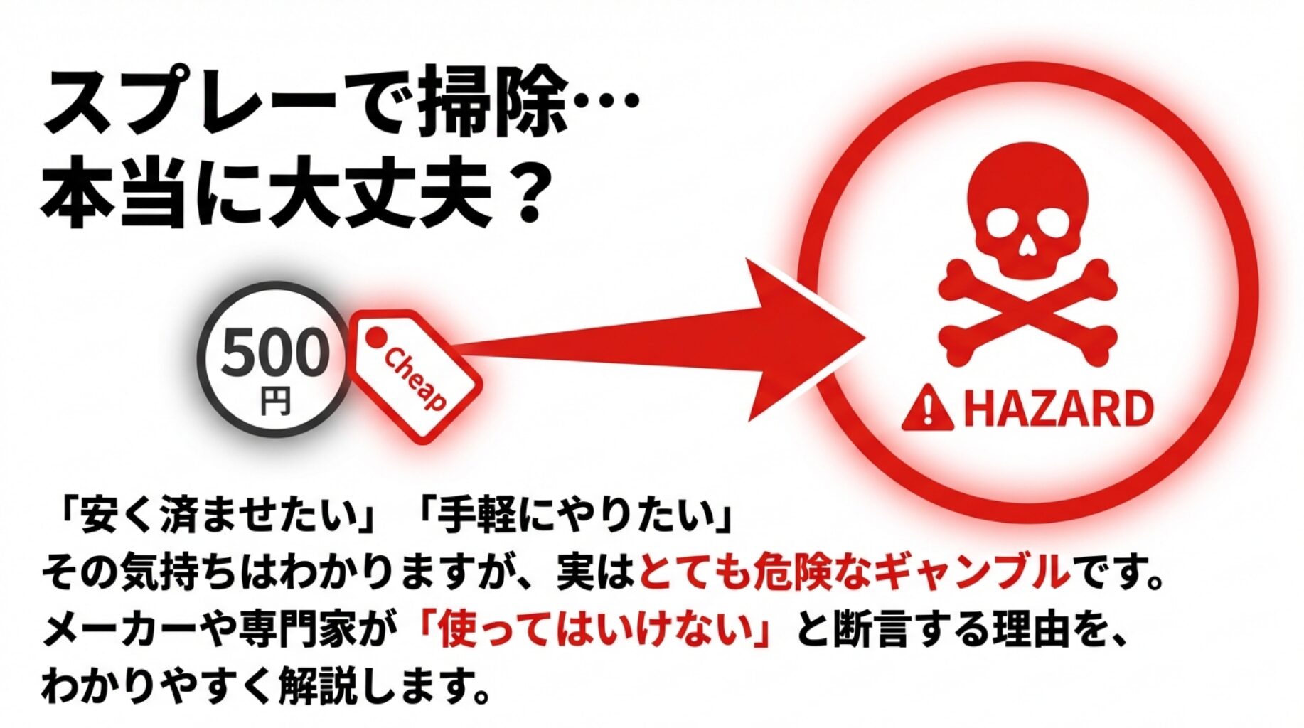 安く済ませたい気持ちはわかるが、実は危険なギャンブルであると解説し、メーカーや専門家が使用を禁止する理由を説明するスライド。