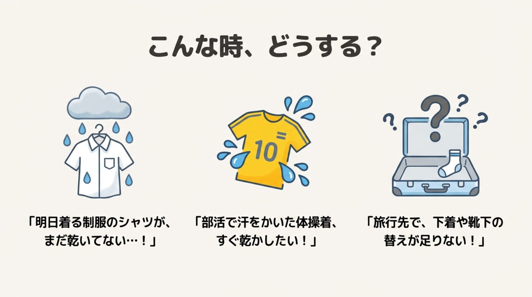 「明日着る服が乾いていない」「旅行先で替えの下着が足りない」といった、洗濯物が乾かずに困っている状況のイラスト。