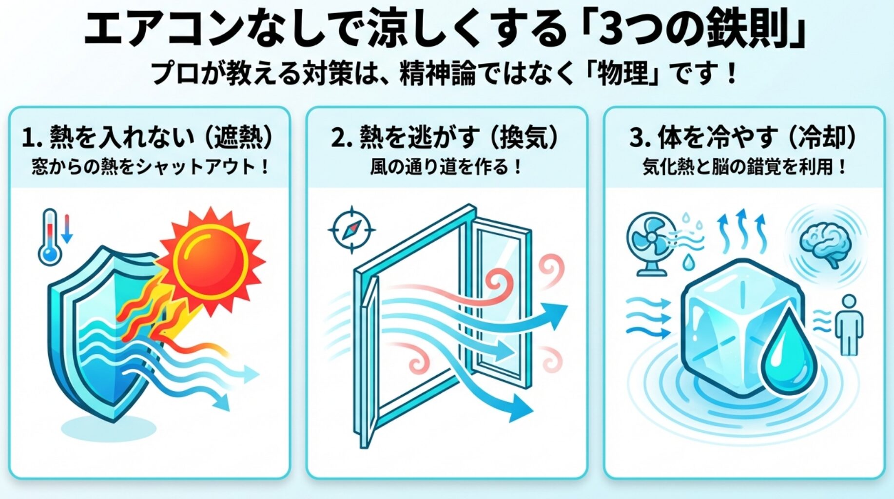 エアコンなしで涼しくする3つの鉄則として、1.熱を入れない（遮熱）、2.熱を逃がす（換気）、3.体を冷やす（冷却）をイラストで解説するスライド。