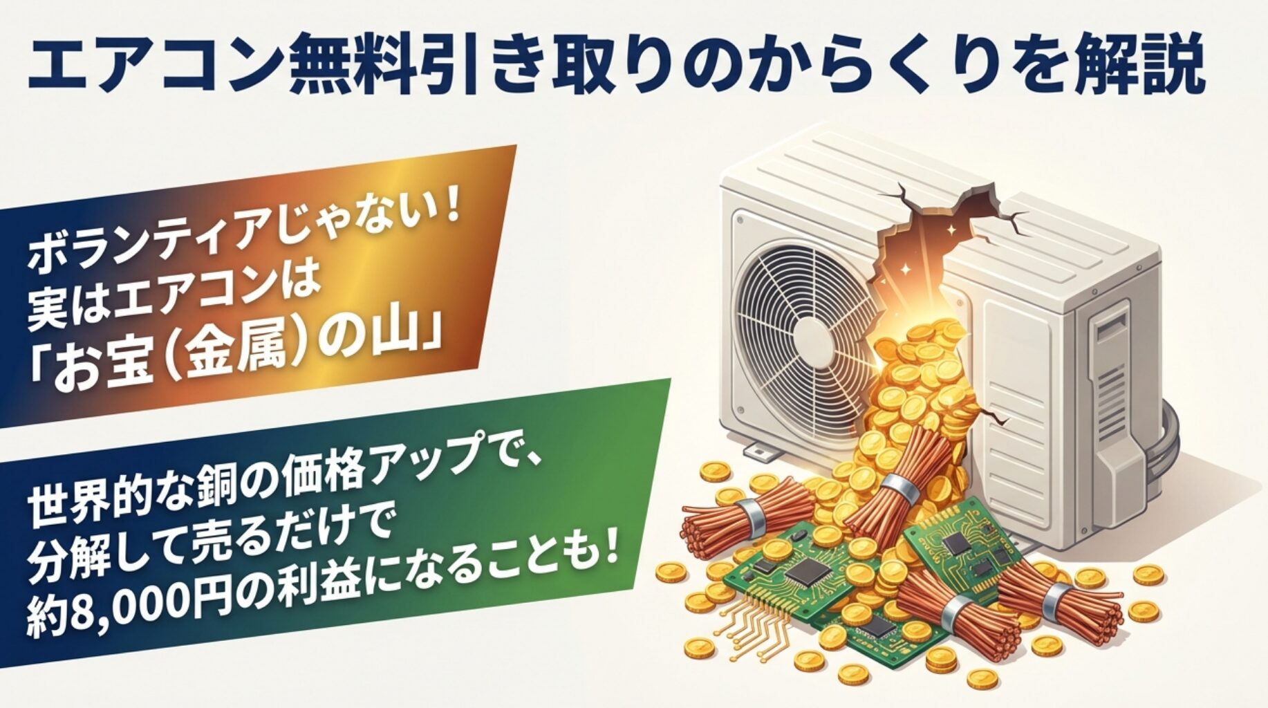 エアコン無料引き取りはボランティアではなく 、金属がお宝の山であり 、分解して売るだけで約8,000円の利益になることを解説したスライド