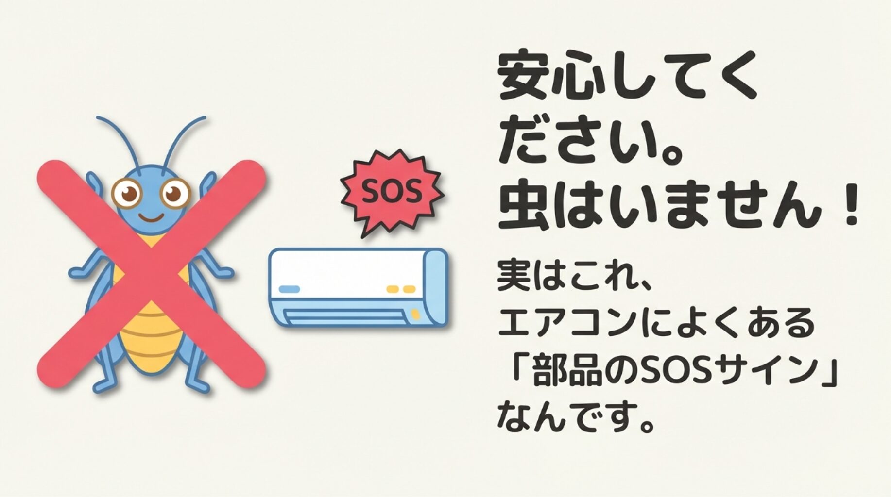 安心して下さい。虫はいません！実はこれ、エアコンによくある部品のSOSサインなんです、と解説しているスライド画