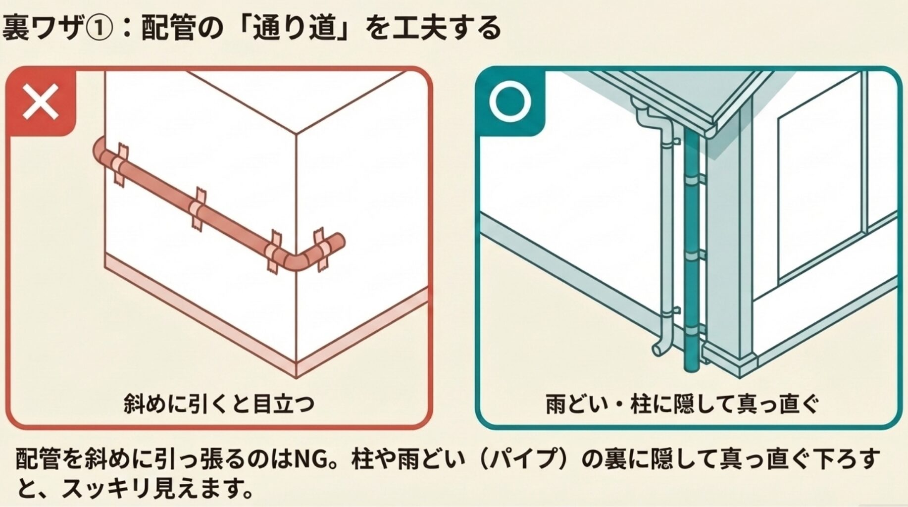 配管を目立つように斜めに引くのはNGとし、雨どいや柱に沿って真っ直ぐ隠すように配管を下ろすことでスッキリ見せる工夫を比較したイラスト。