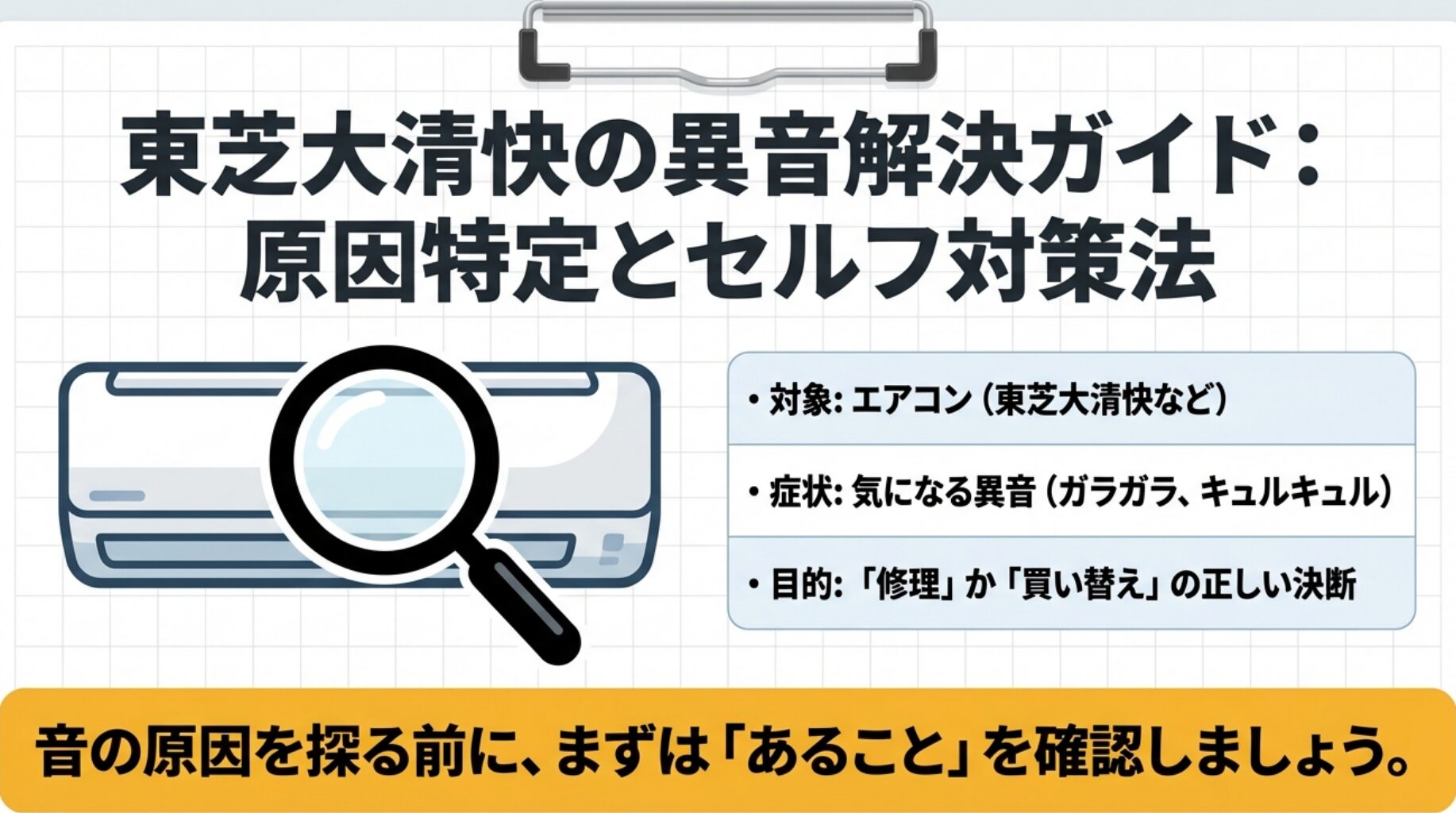 エアコン（東芝大清快など）をルーペで観察しているイラスト。気になる異音から修理か買い替えかの正しい決断をするためのガイド画面