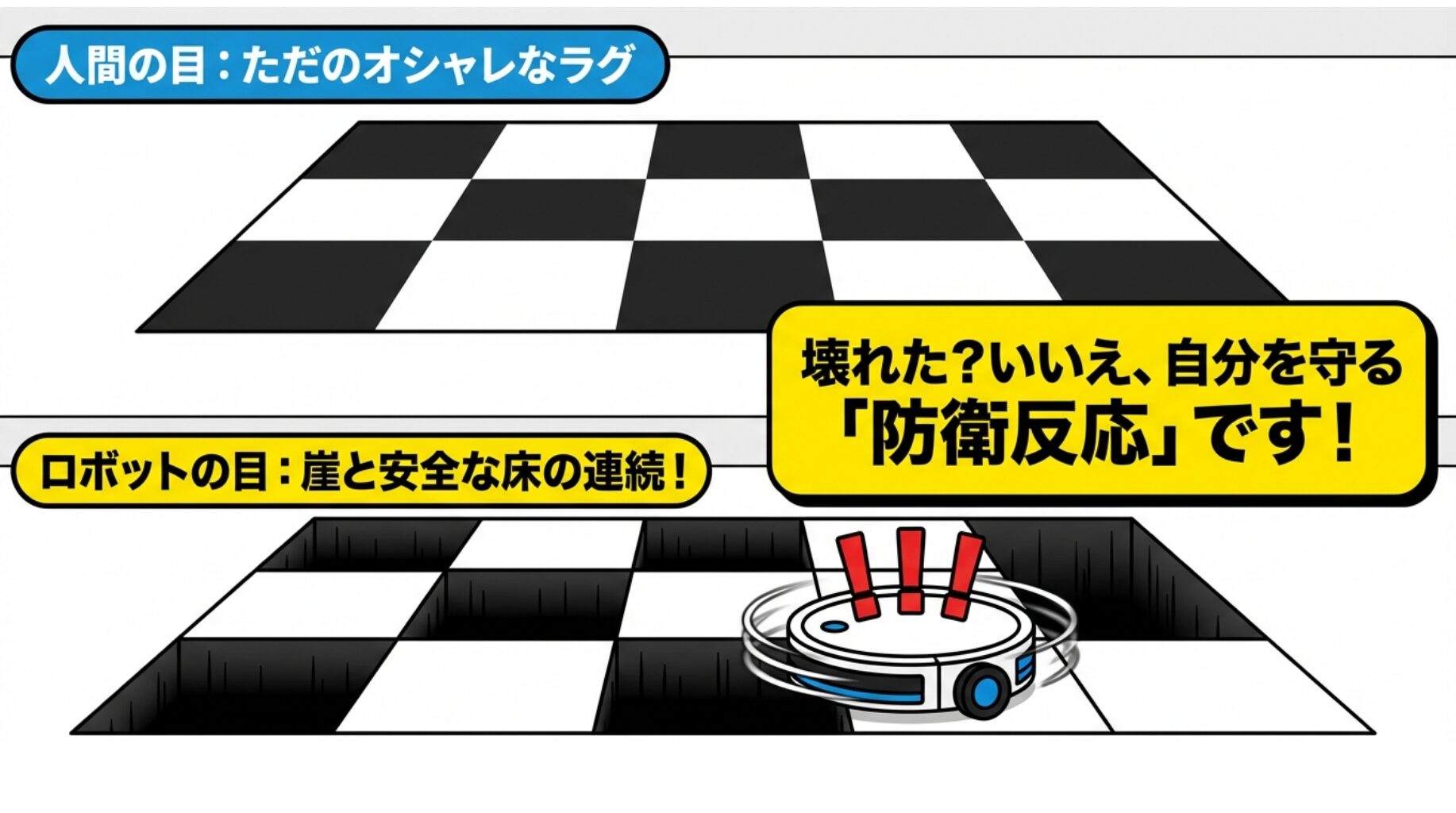 白黒のチェック柄のラグを、ロボット掃除機が「深い崖」と誤解してエラー停止している様子を比較したイラスト。人間にはおしゃれなラグに見えても、ロボットには崖に見えていることを説明しています。