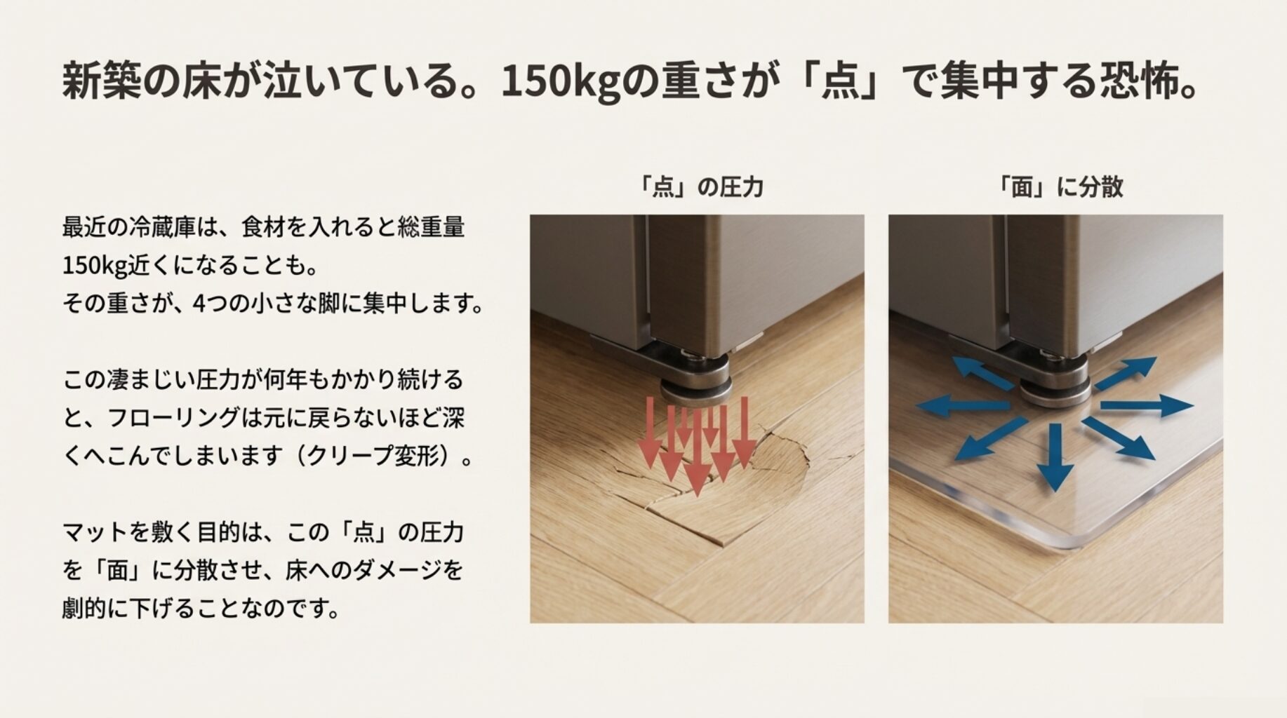 150kg近い冷蔵庫の重さが4点の脚に集中して床がへこむ仕組みと、マットを敷くことで圧力を面に分散させる効果を示した図。
