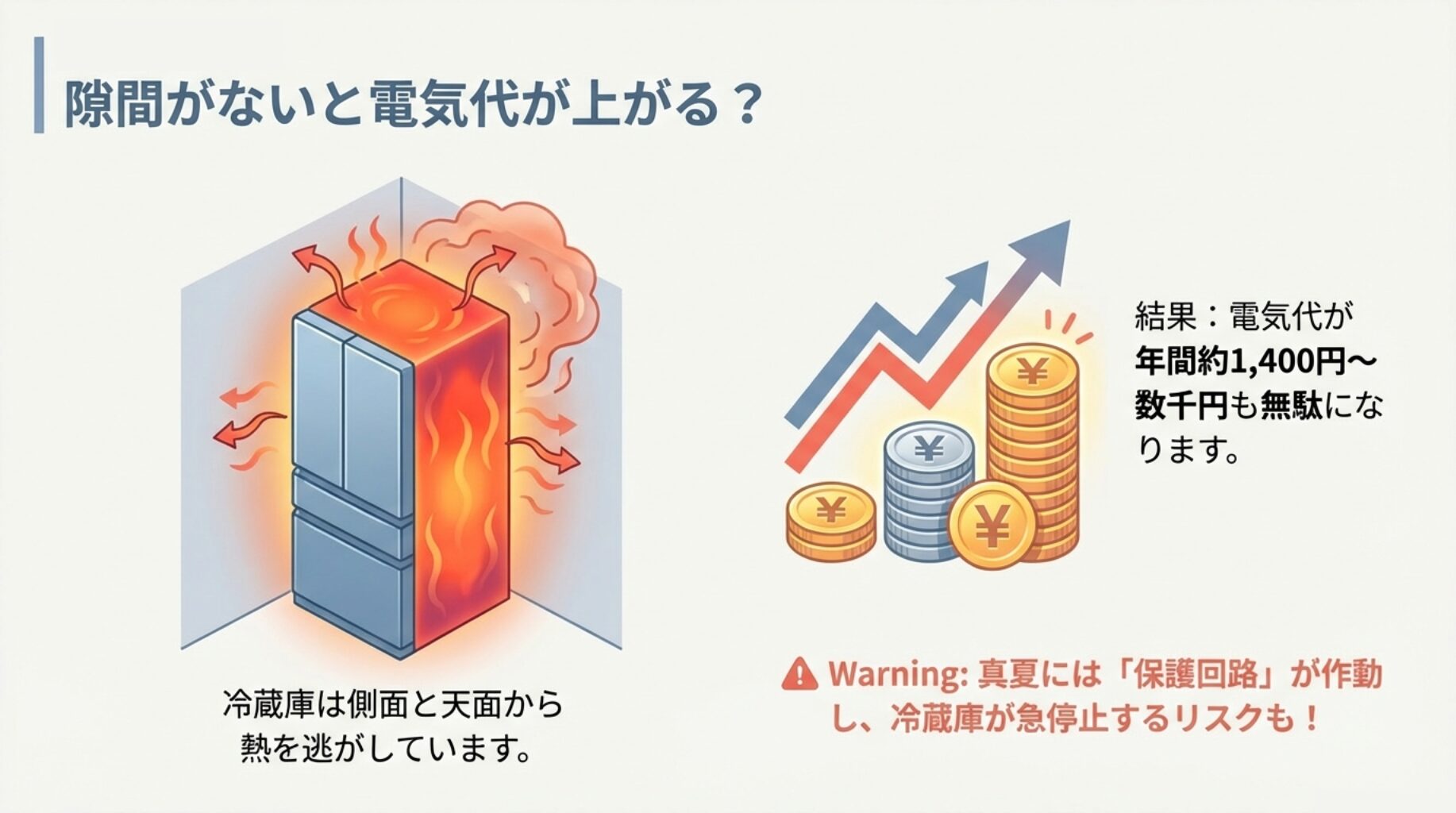 放熱できず赤く発熱した冷蔵庫のイラストと、電気代が年間数千円無駄になるイメージ図