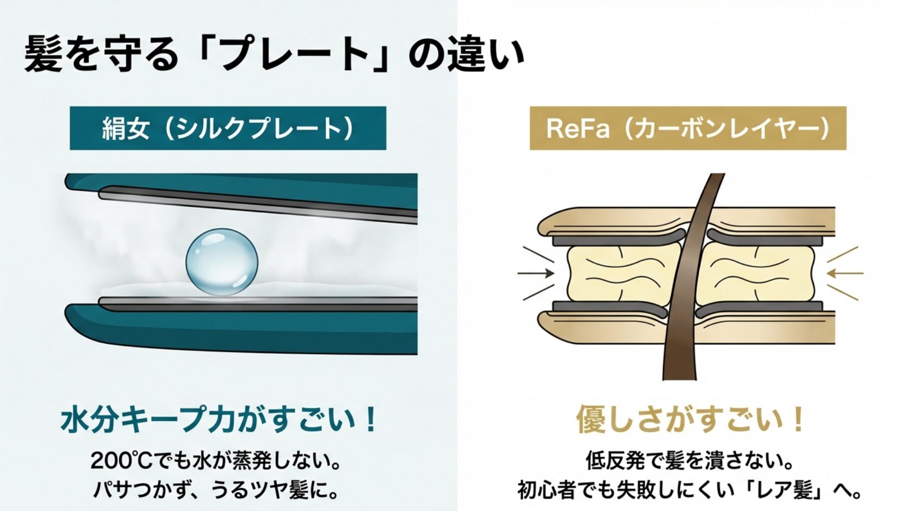 絹女のシルクプレートは200度でも水が蒸発しない水分キープ力があり、リファは低反発で髪を潰さない特徴がある図解