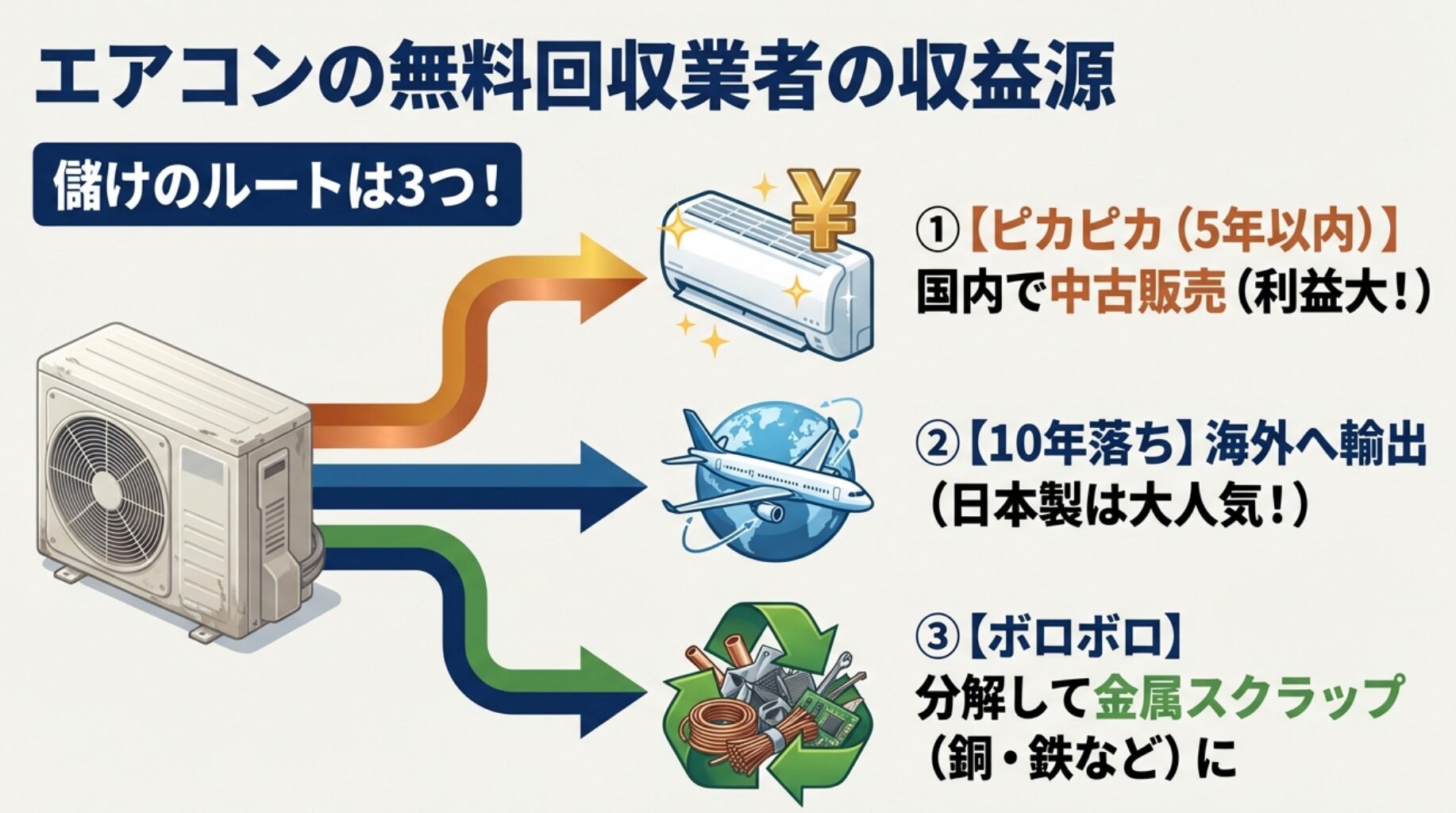 無料回収業者の収益源である 、国内での中古販売 、海外への輸出 、分解して金属スクラップにする 、という3つの儲けのルートを図解したスライド