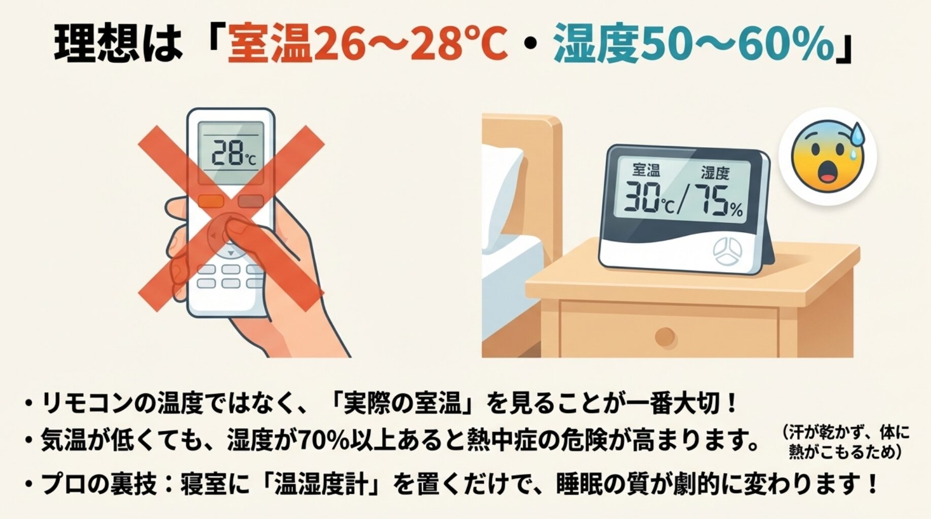 リモコンの温度ではなく、実際の室温と湿度を見ることが重要であることを示すスライド