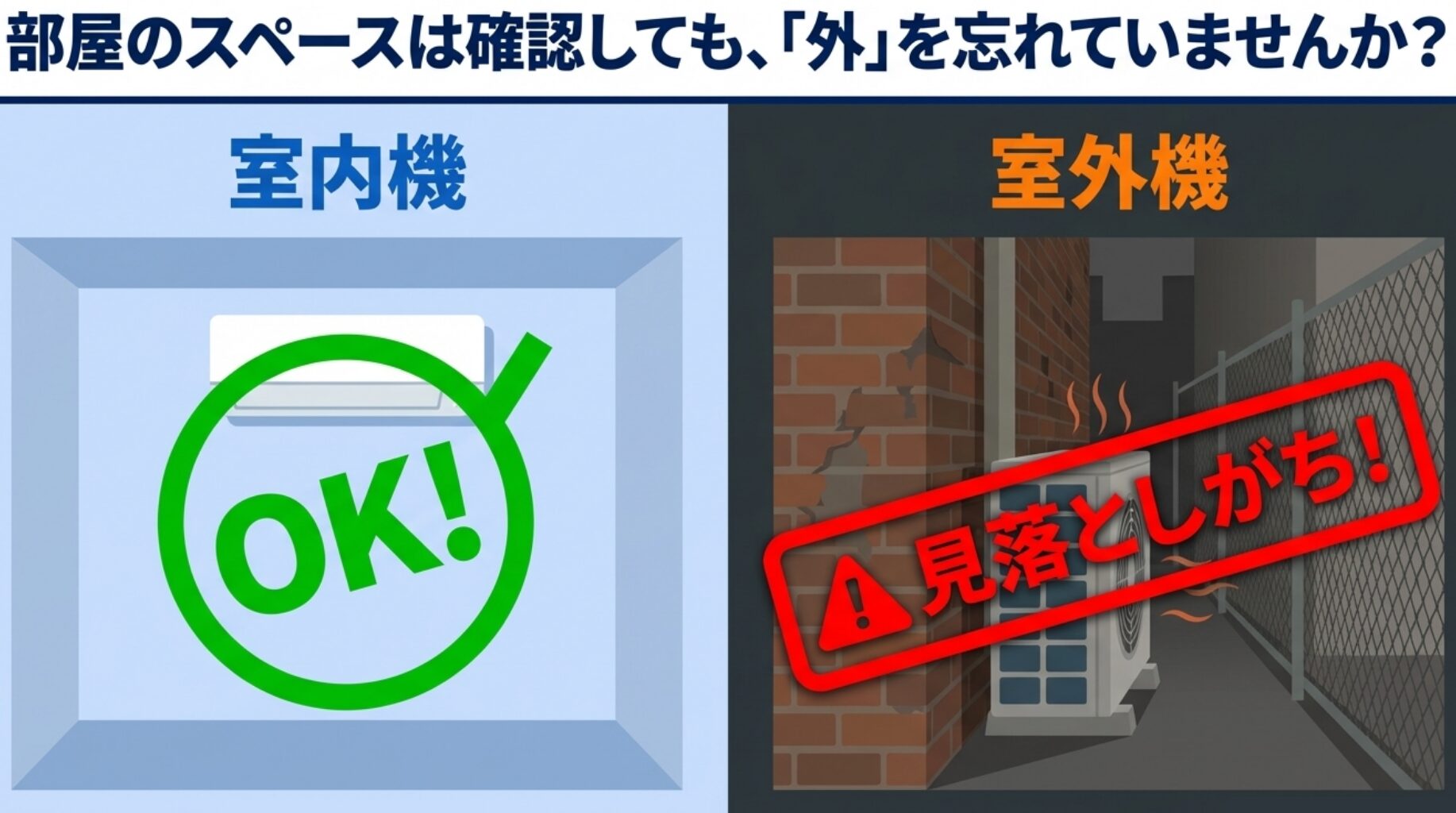室内機の設置スペースはOKでも、外にある室外機のスペースを見落としがちであることを指摘するスライド画像