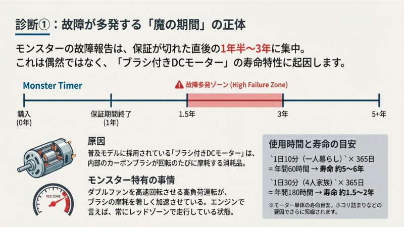購入から1.5年～3年の期間が「故障多発ゾーン」であることを示すタイムラインと、内部のカーボンブラシが摩耗するDCモーターの構造図。