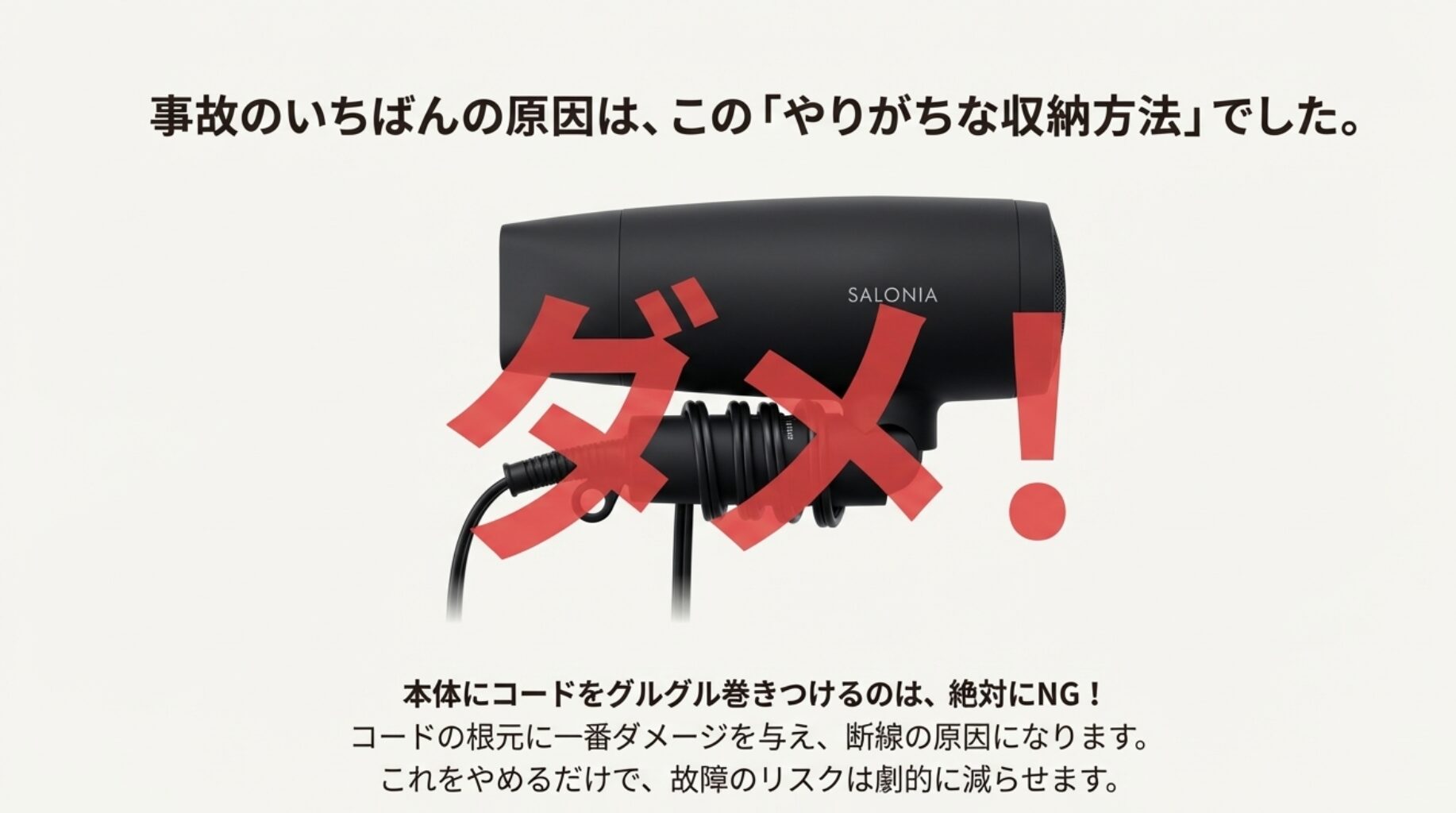 ドライヤー本体にコードをきつく巻き付けている様子に大きく「ダメ！」と書かれた警告画像。断線の最大のリスクであることを示している。