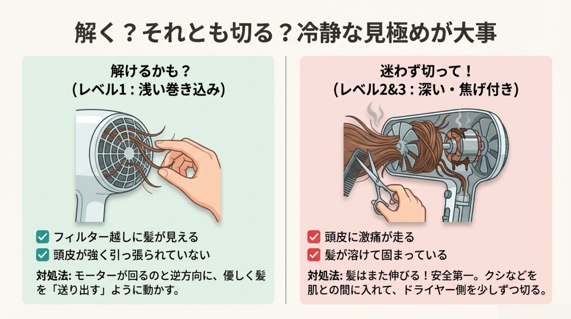 浅い巻き込みなら逆回転で解く、深い巻き込みや焦げ付きがある場合はハサミで切る、という状況別の対処法を示した図解。