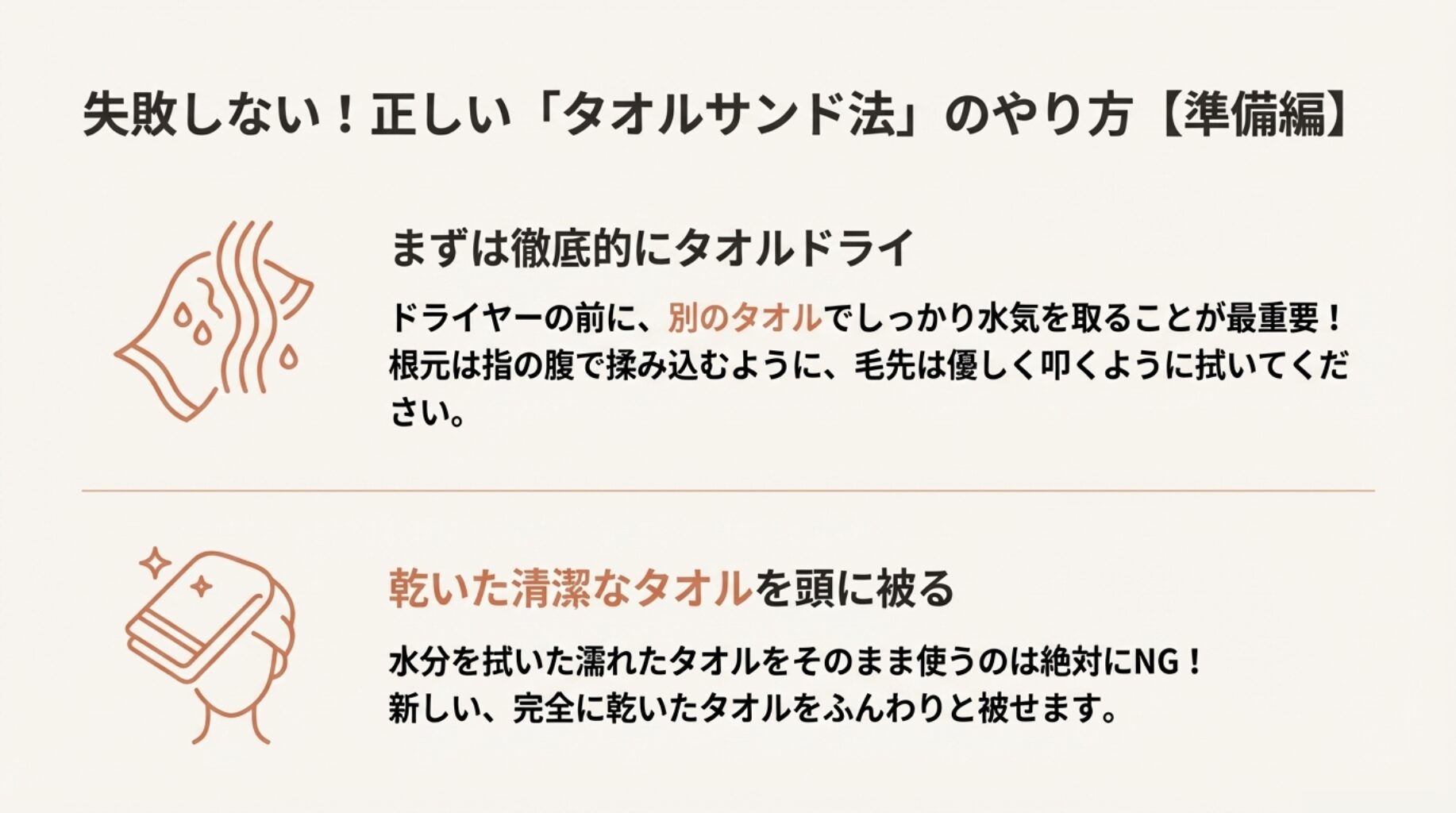 タオルドライをしているイラストと、新しいタオルを頭に乗せるイラスト。「まずは徹底的にタオルドライ」「乾いた清潔なタオルを頭に被る」という手順説明。