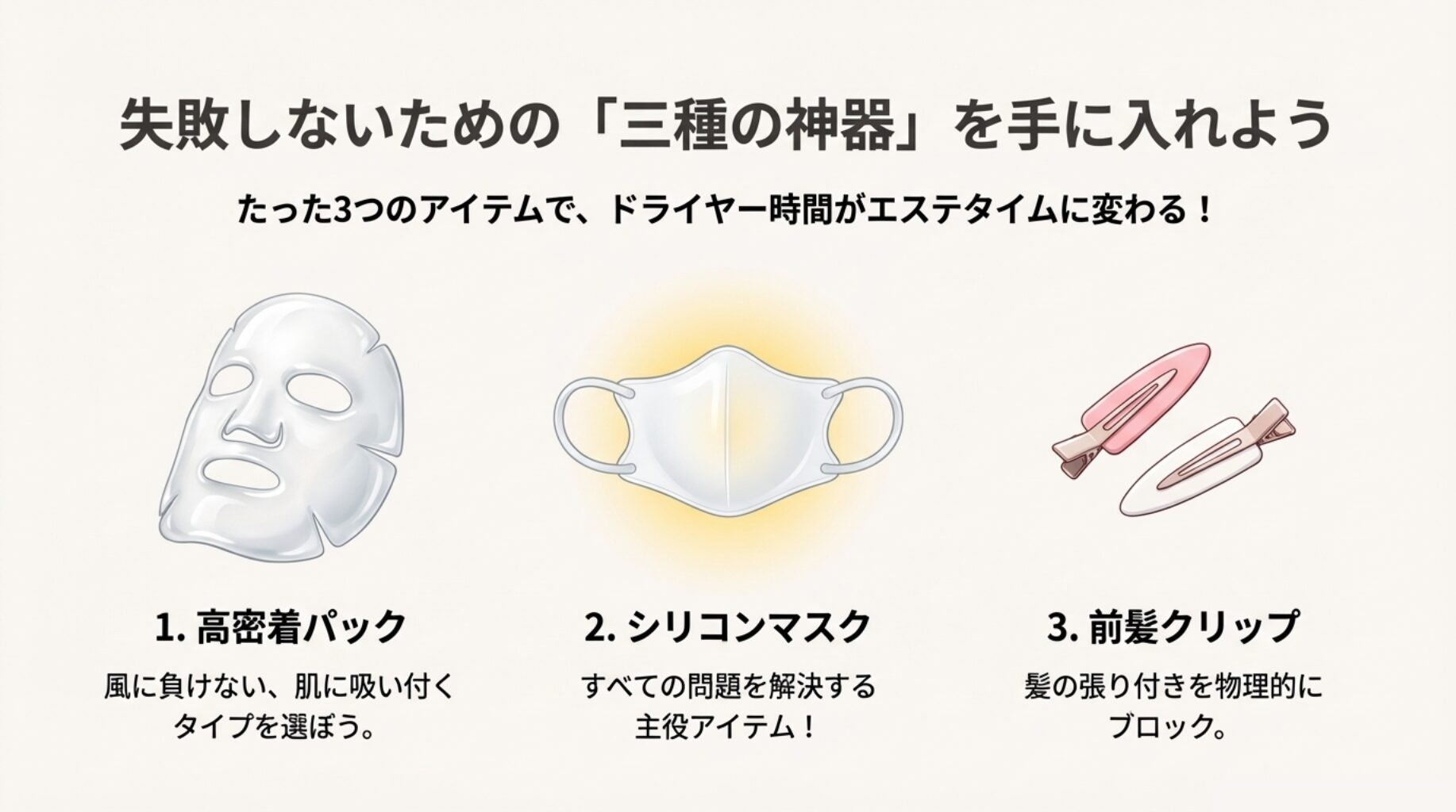 高密着パック、シリコンマスク、前髪クリップの3つの必須アイテムのイラスト