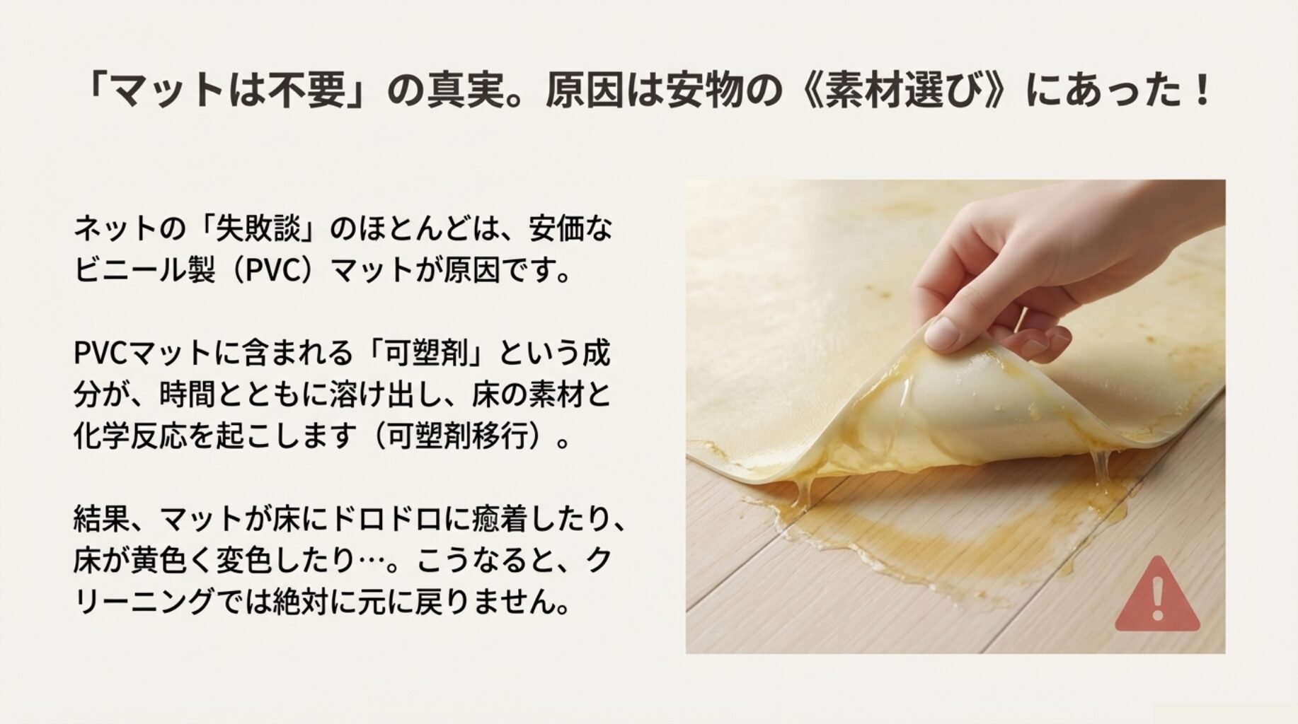 PVC(ビニール)製マットに含まれる可塑剤が溶け出し、床と癒着したり黄色く変色したりするメカニズムを解説した図。