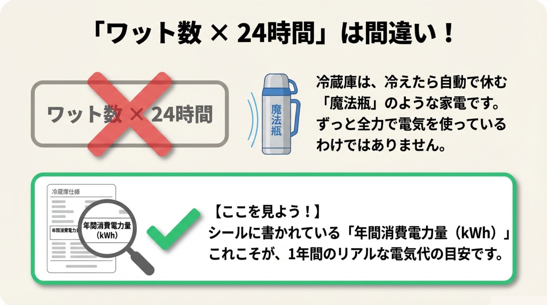 「ワット数×24時間」は間違い！冷蔵庫は冷えたら休む「魔法瓶」のような家電です。シールに書かれている「年間消費電力量(kWh)」こそが、1年間のリアルな電気代の目安ですという解説図。
