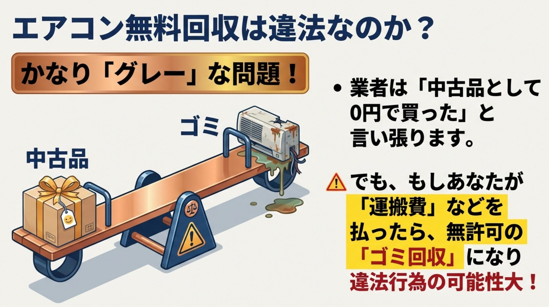 エアコン無料回収が違法かどうかについて 、中古品とゴミの境界線がグレーであり 、運搬費を払うと違法行為になる可能性が高いことを示すシーソースライド