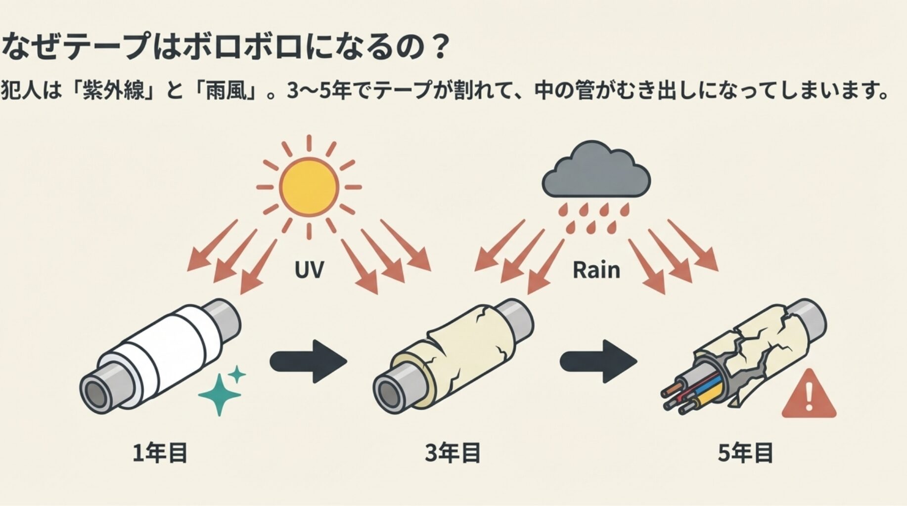 紫外線(UV)と雨風の影響により、エアコン配管のテープが1年目、3年目、5年目と経過するにつれて徐々にひび割れ、中の管がむき出しになっていく過程を描いたイラスト。