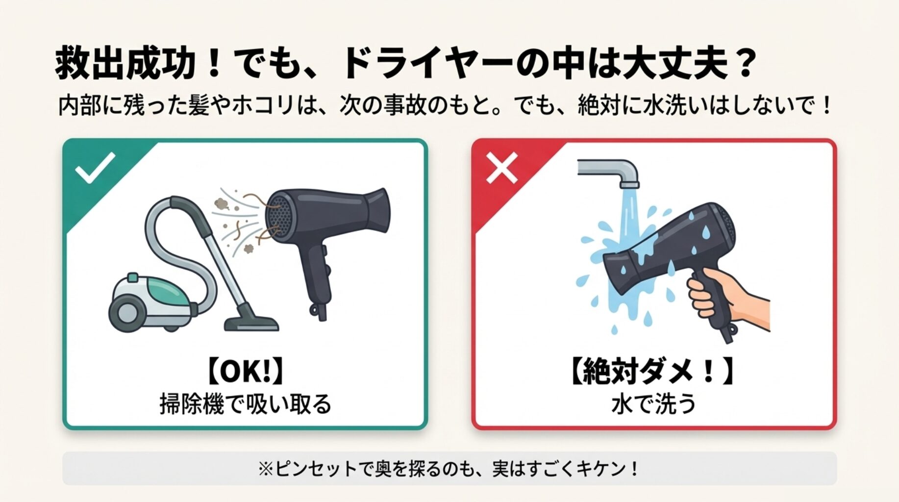 掃除機で吸い取るのはOKだが、水洗いやピンセットで奥を探る行為は故障の原因になるためNGであることを示したイラスト。