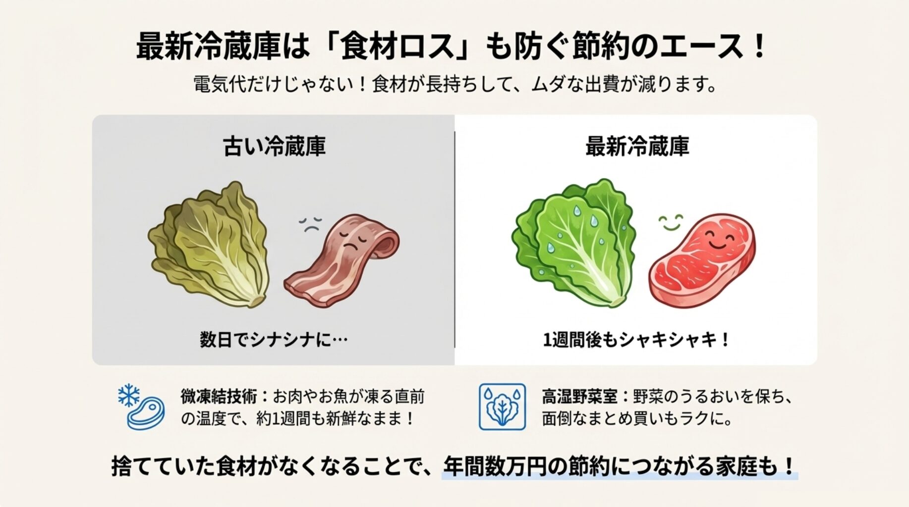 古い冷蔵庫でしなびてしまった野菜と、最新の微凍結技術や野菜室で新鮮さを保った食材を比較し、廃棄を減らして節約できることを説明したイラスト。