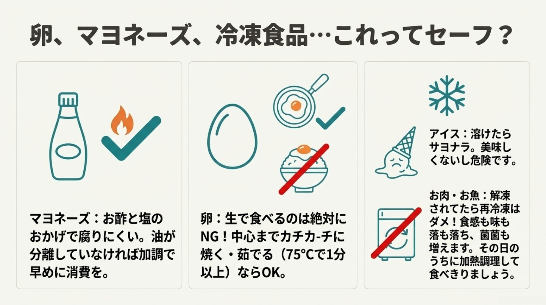 マヨネーズは分離していなければ早めに消費、卵は生食NGで加熱必須、アイスや解凍された肉は再冷凍NGという判断基準の図解。