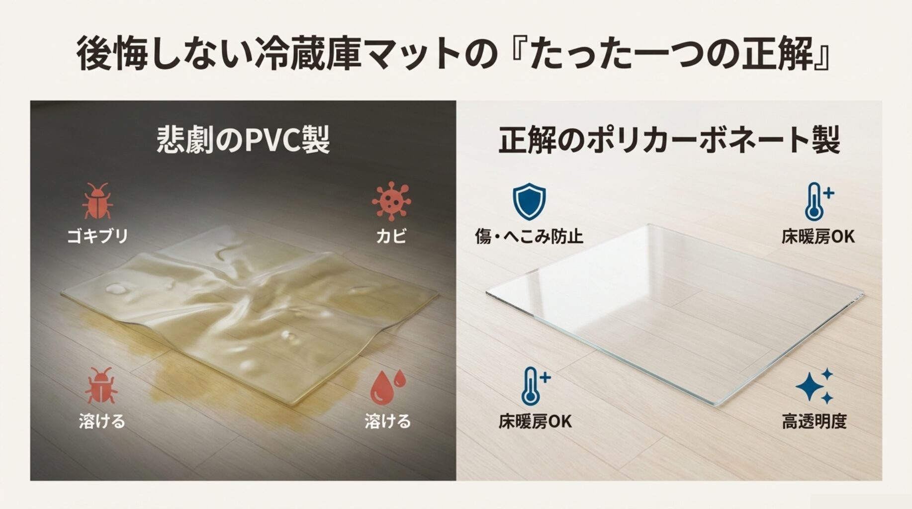 ゴキブリやカビのリスクがある「悲劇のPVC製」と、耐久性が高く安全な「正解のポリカーボネート製」を対比させたイラスト。