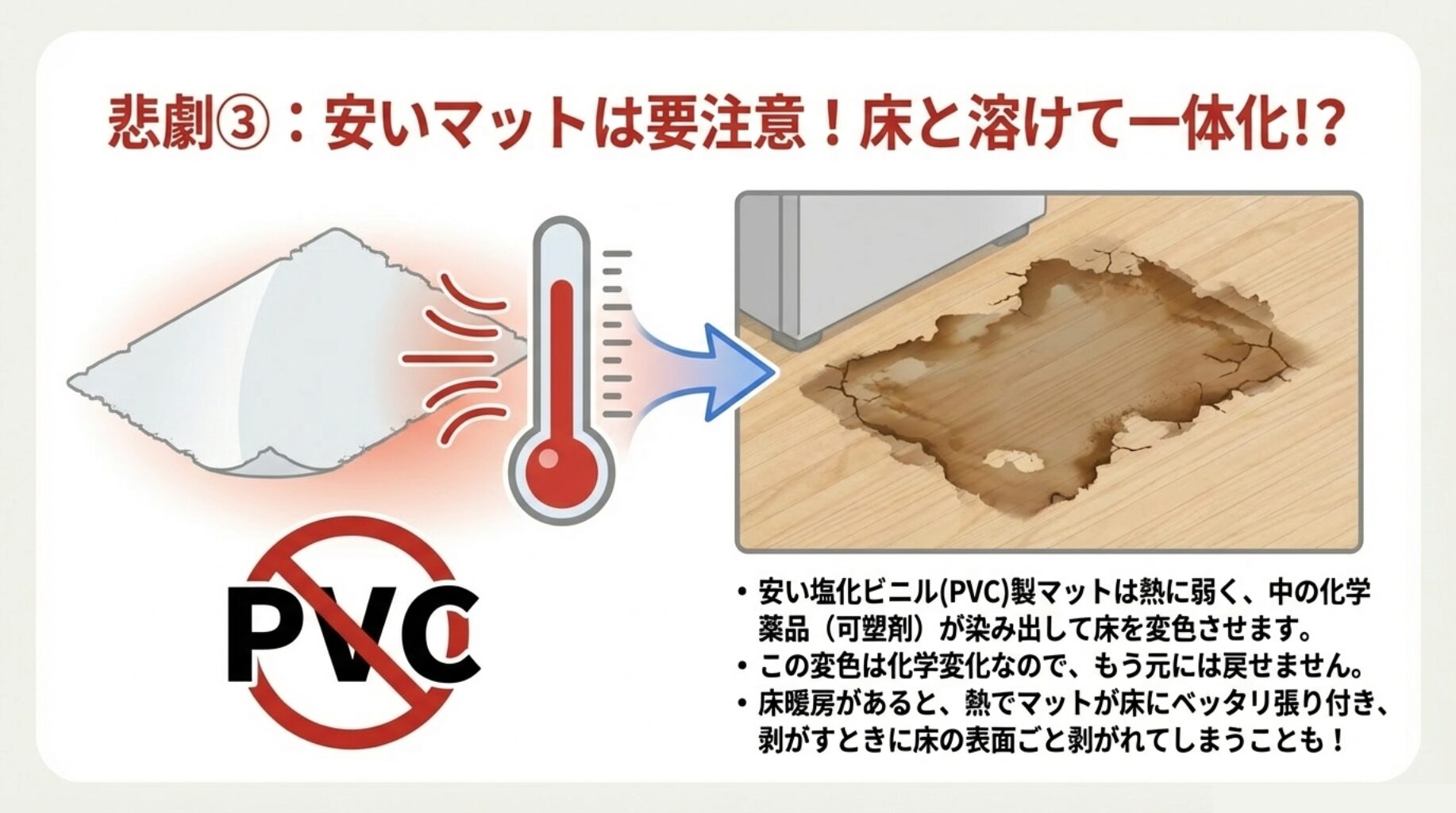 PVC（塩化ビニル）製マットの使用禁止マーク。熱に弱く、可塑剤が染み出して床と癒着するリスクを警告。