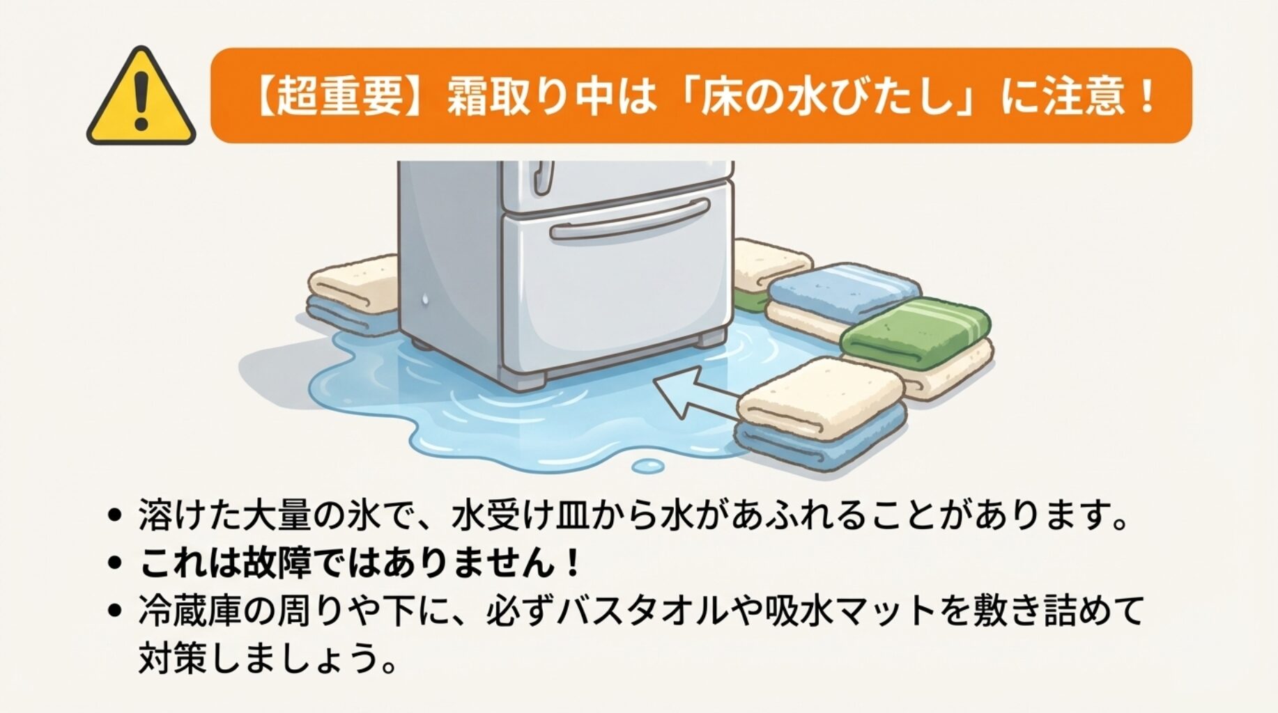 冷蔵庫の下から水が溢れる様子と、タオルで吸水対策をしているイラスト