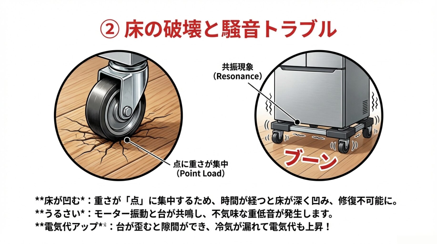 キャスターの小さな接地点に重さが集中して床が凹む様子や、モーター振動と共鳴してブーンという騒音が発生するメカニズム、電気代上昇のリスクを解説した図。
