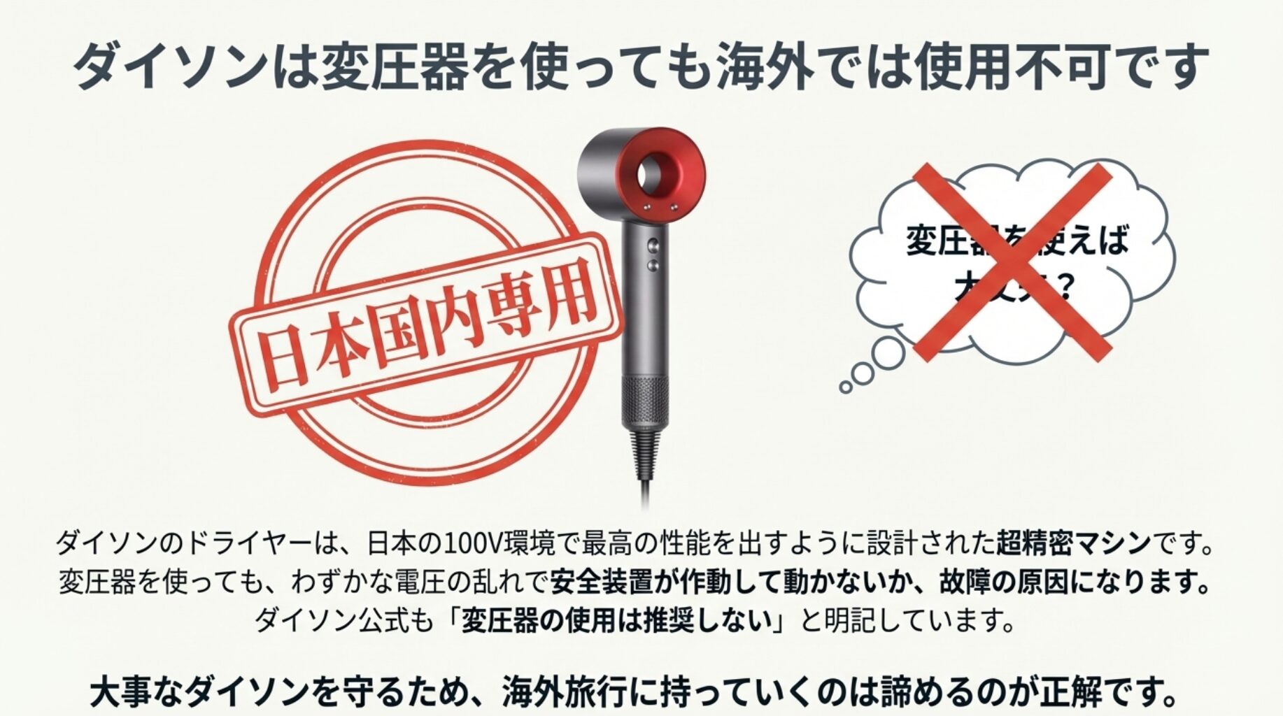ダイソンのドライヤーは日本国内専用であり、変圧器を使っても故障の原因になるため海外へは持っていかないよう警告する画像