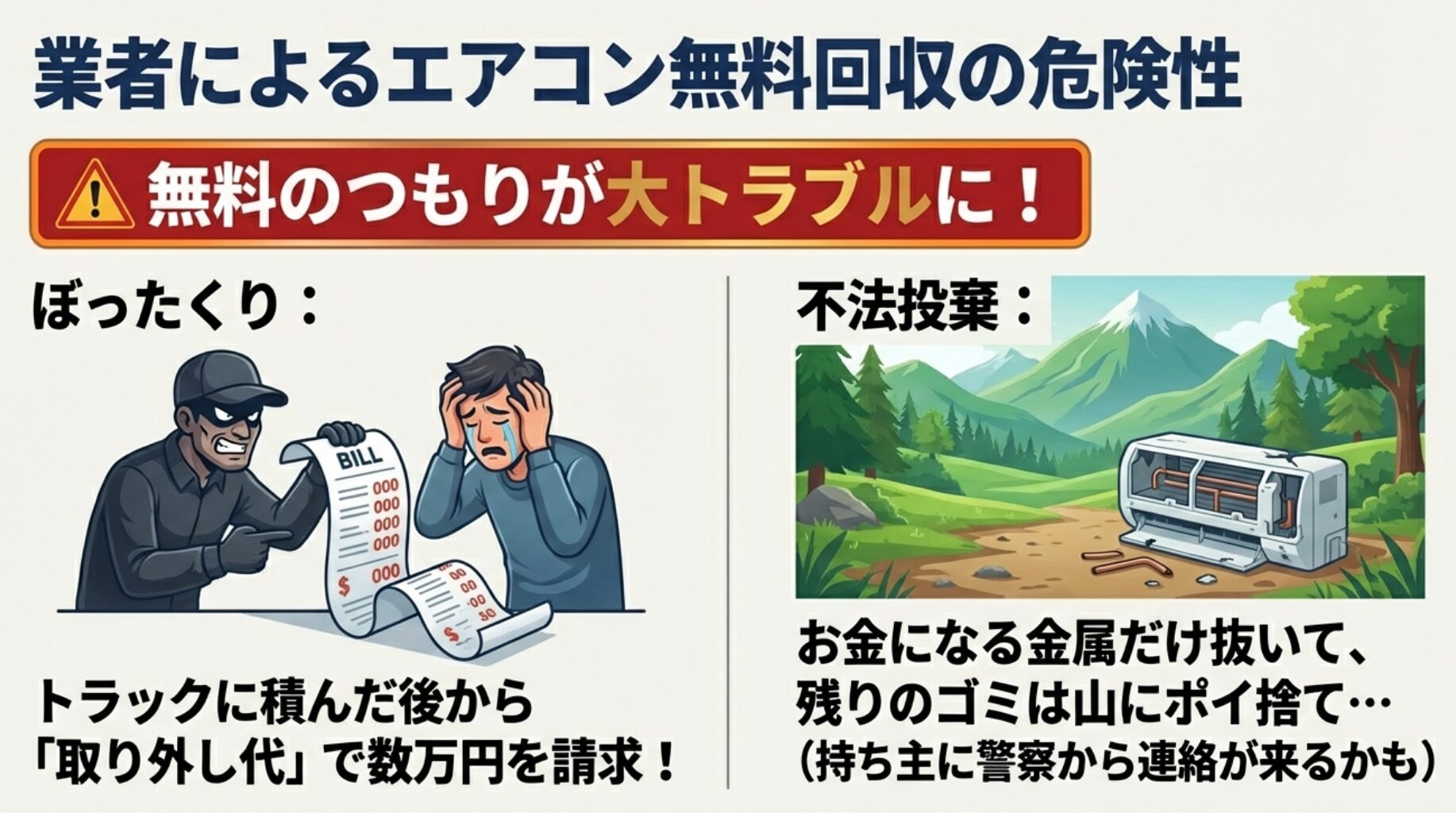取り外し代などの名目で数万円を請求するぼったくりや 、山への不法投棄など 、無料回収に潜む危険性を表したスライド