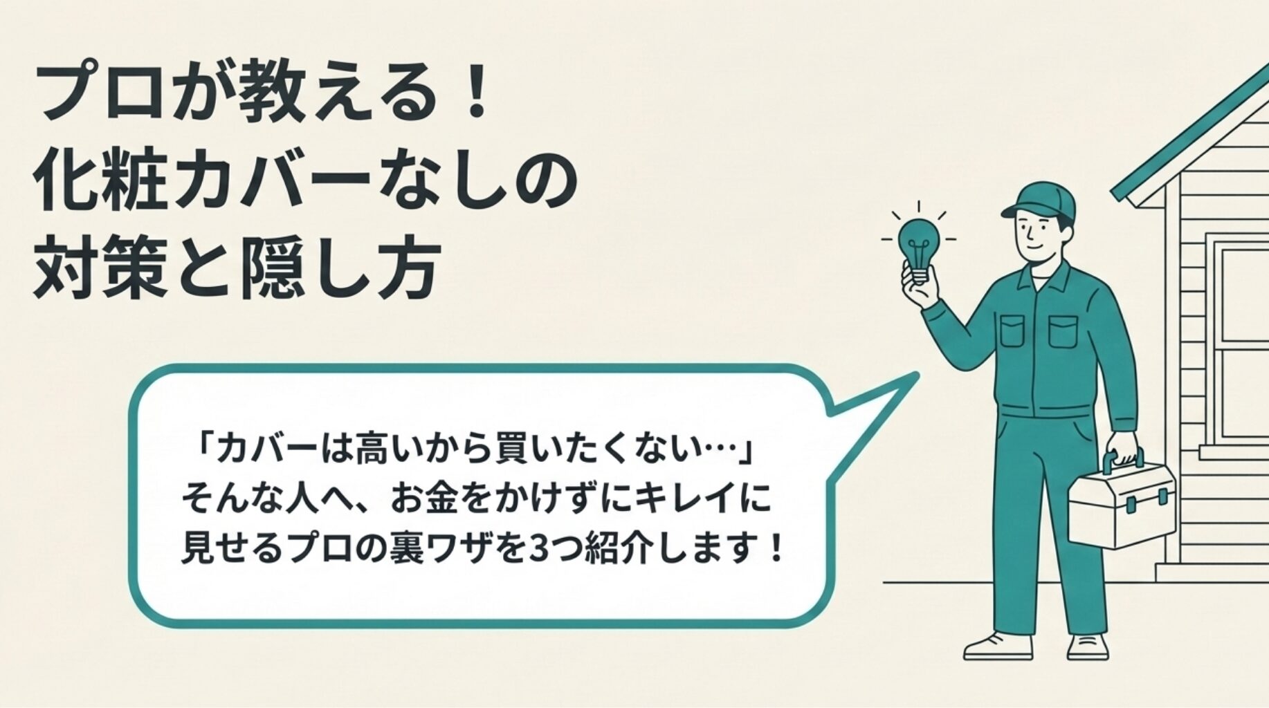 電球を持ってひらめいている作業着姿のプロのイラスト。「お金をかけずにキレイに見せるプロの裏ワザを3つ紹介します!」というメッセージが添えられている。