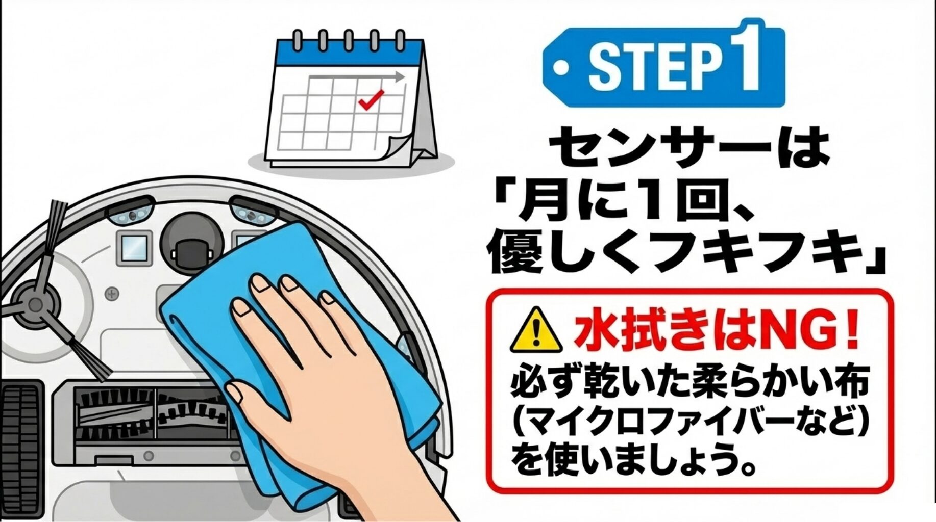 カレンダーにチェックが入ったイラストと、センサーを「月に1回、乾いた柔らかい布で優しく拭く」という手順、および水拭き厳禁であることを示す説明。